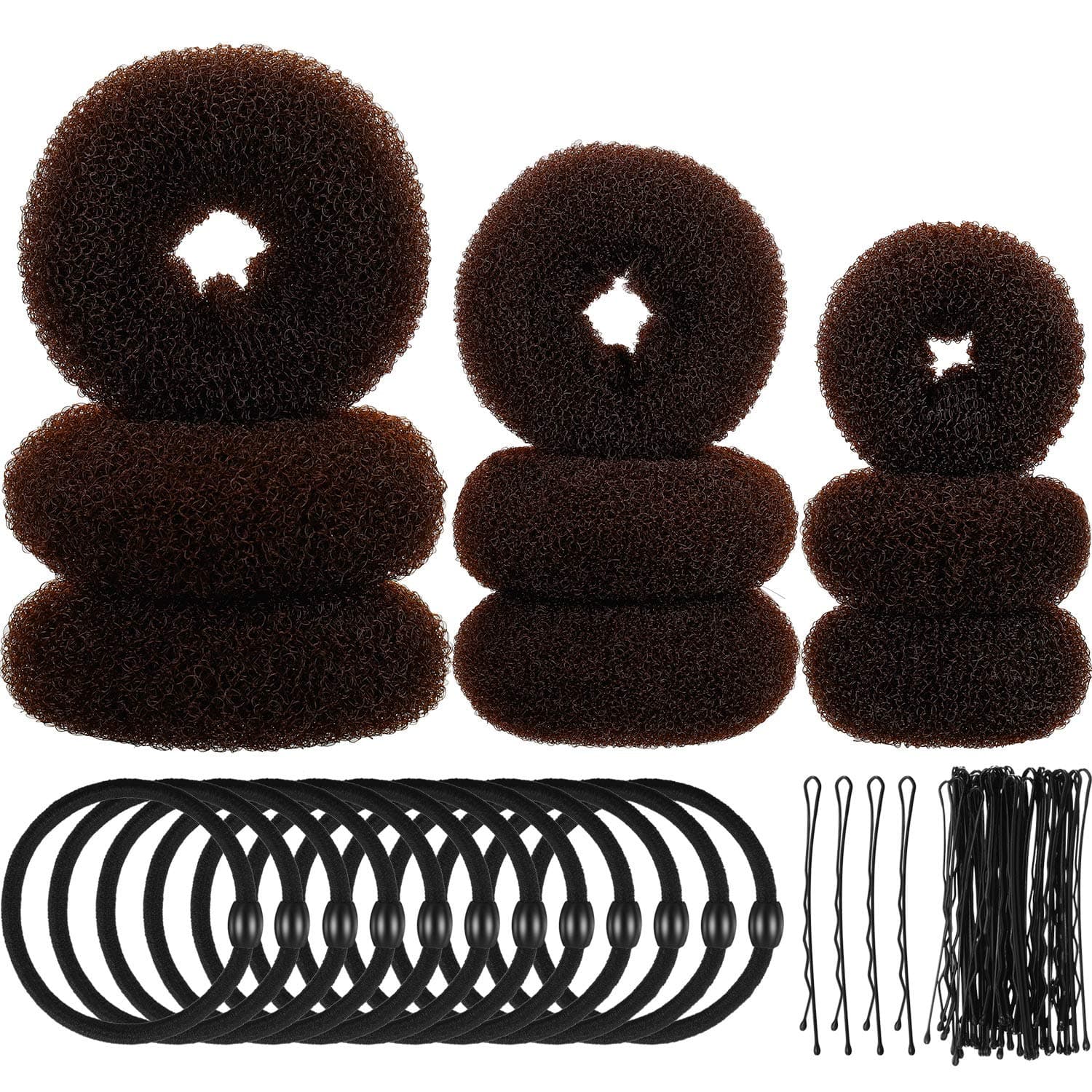 9 Pieces Donut Hair Bun Maker Shaper Foam Sponge Doughnut Bun Ring Style Set with 12 Pieces Hair Elastic Bands Ties and 32 Pieces Hair Bobby Pins for Women Girls Kids (Brown)