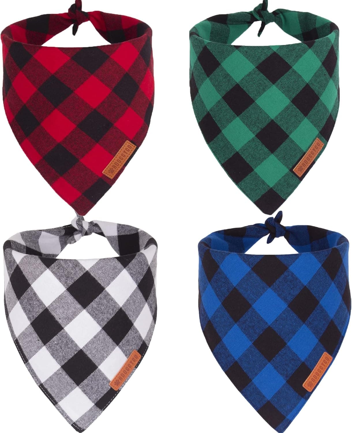 Adoggygo 4 Pack Dog Bandana Christmas Classic Plaid Pet Bandana Scarf, Multiple Sizes Offered, Blue White Green Red Plaid Bandana for Large and X-Large Dogs (X-Large)