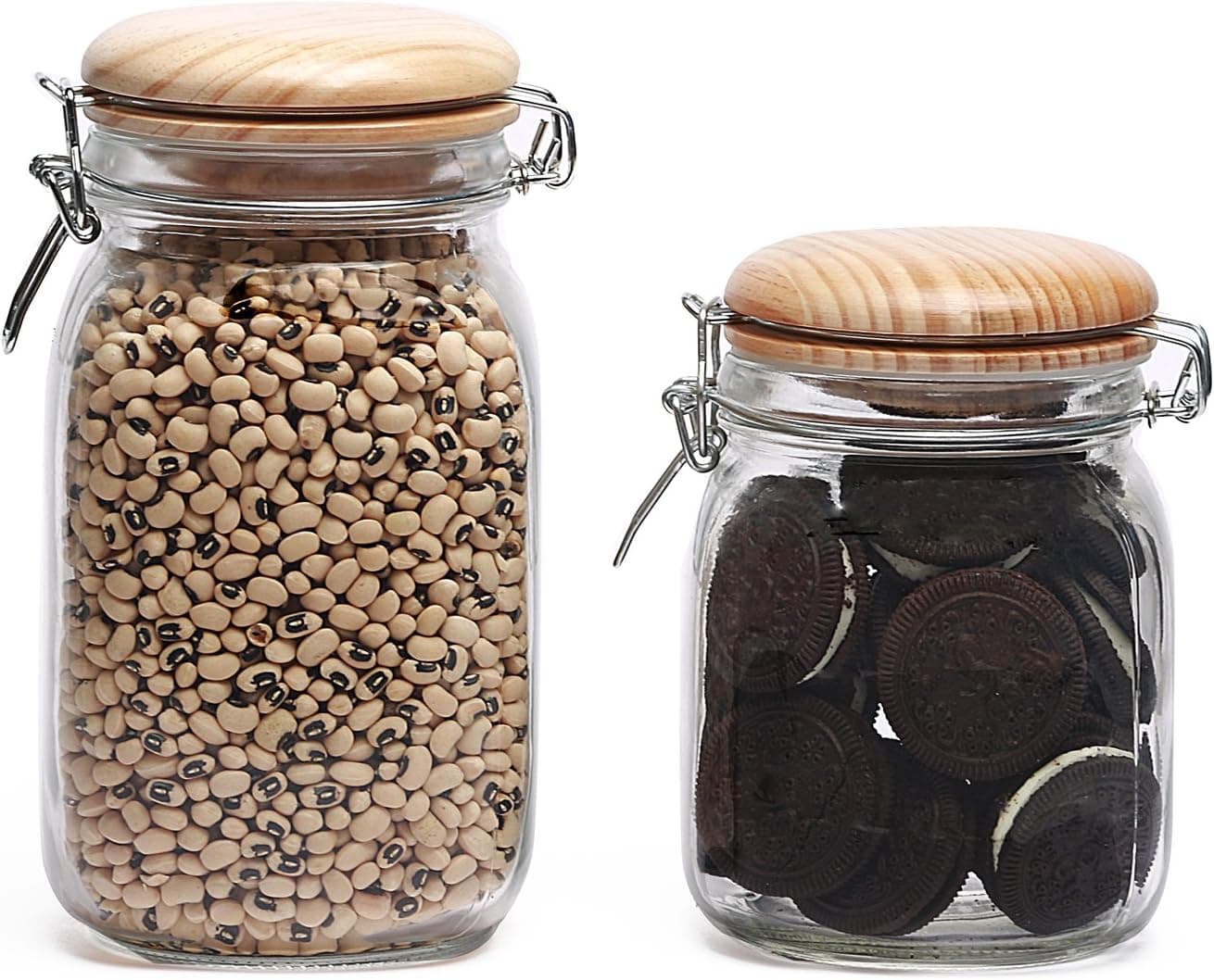 Glass Canister Jars, Hermetic, Bail and Trigger, Airtight Lids - For Kitchen Counters, Flour, Sugar, Cereal, Food Storage, and Pantry - Round with Wooden Tops (Set of 2, 35 and 53 Oz.)