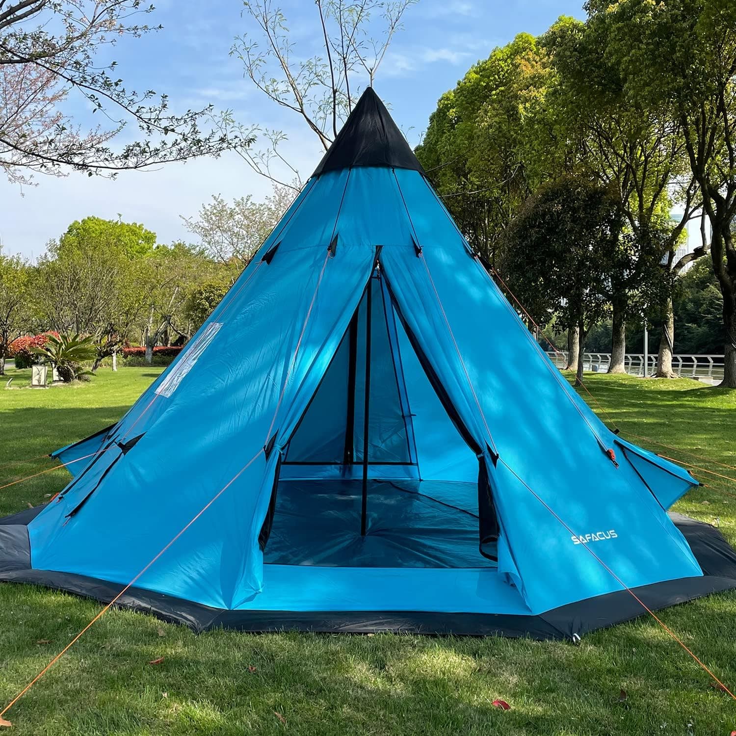 SAFACUS 6-7 Person Teepee Tent, Family Camping Tents with Windows and Mesh Vents, 12' x 12' Tower Post Bell Tipi Tent for Camping Hiking Vacation