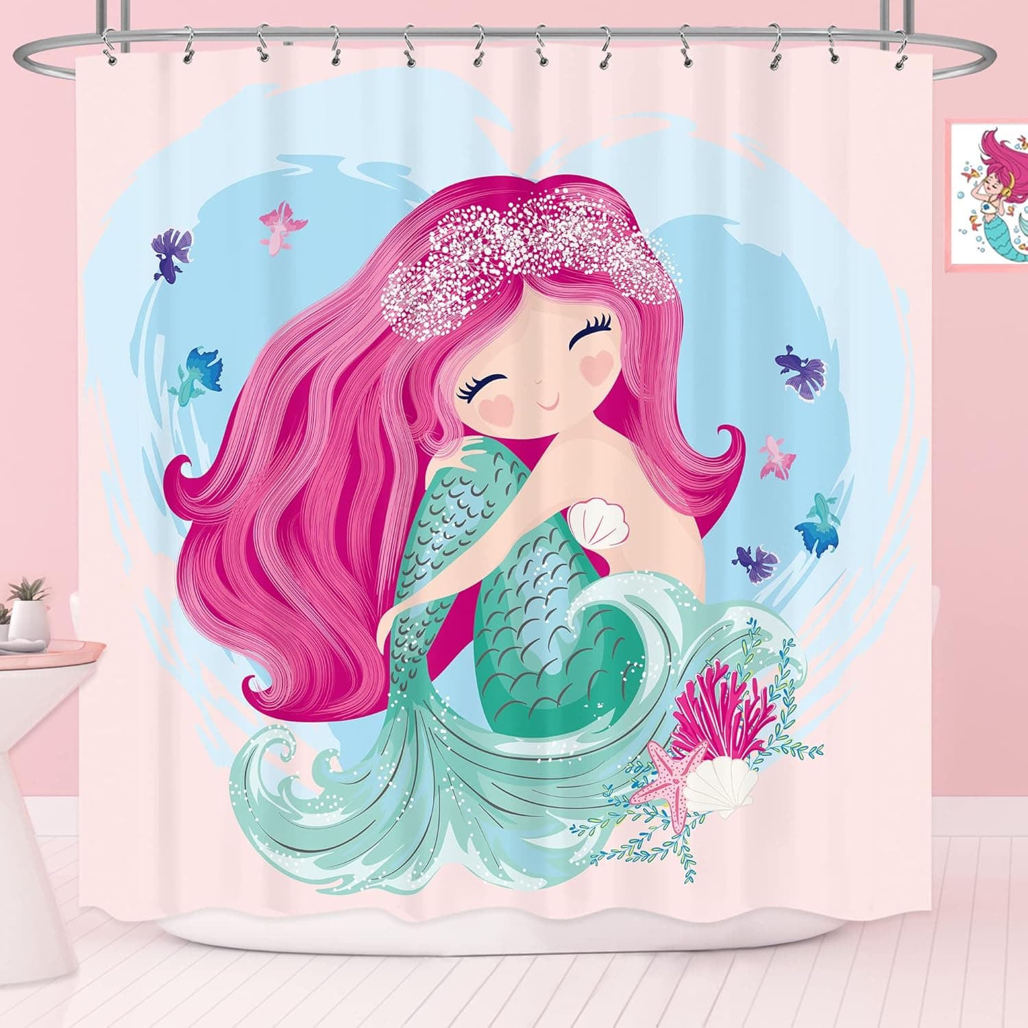 Riyidecor Mermaid Scales Shower Curtain Tail Fish Girls Kids Cartoon Ocean Blue Heart Colorful Purple Hair Seaweed Bath Decor Fabric Set Polyester Waterproof 72x72 Inch 12 Pack Plastic Hooks RY-IB6S