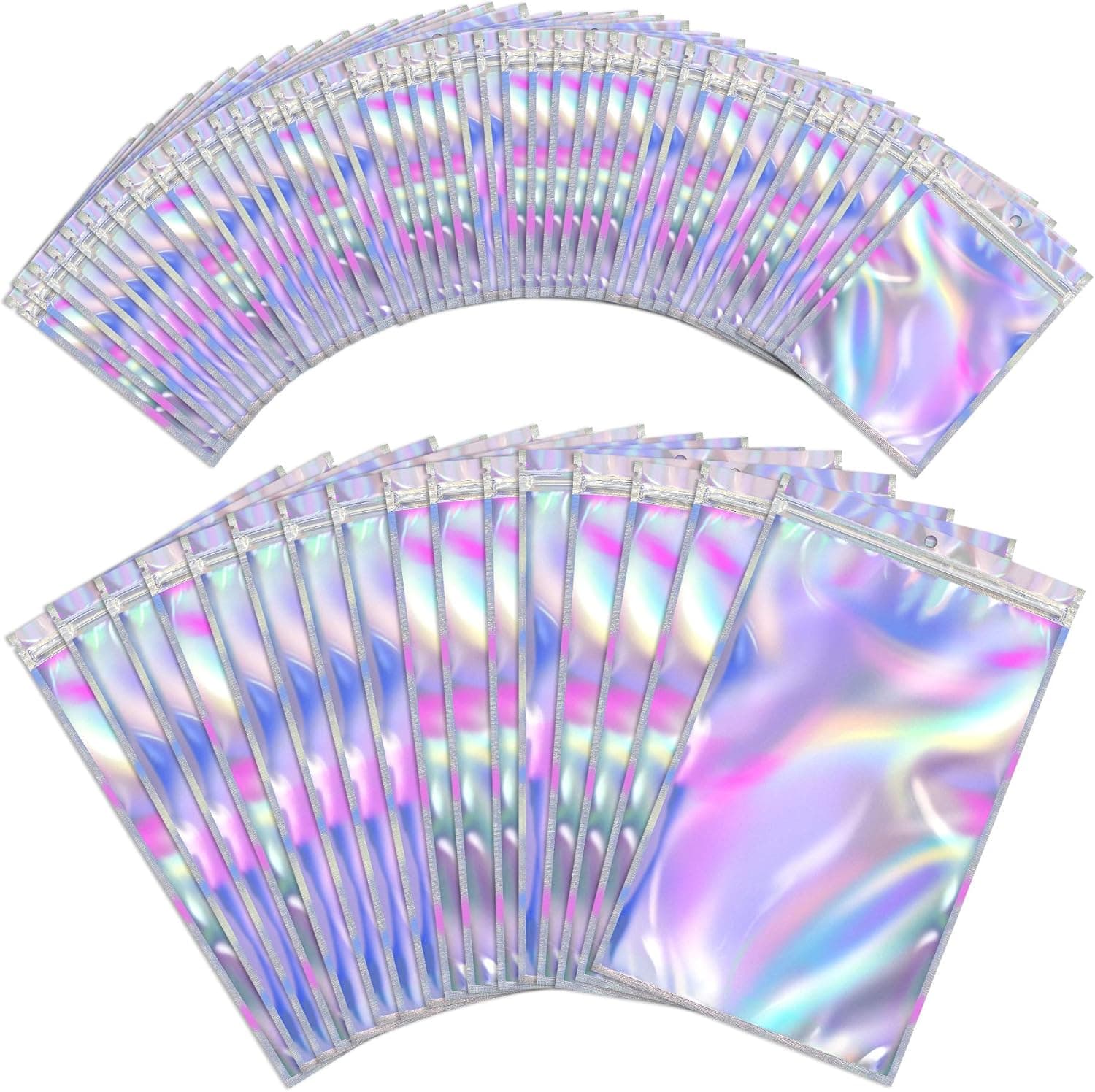 BQTQ 200 Pieces Holographic Ziplock Bags Foil Bag Smell Proof Bags Resealable Metallic Aluminum Foil Bags Pouch for Food Storage(Holographic Color, 2.8 x 4 Inch and 4.7 x 7.9 Inch)