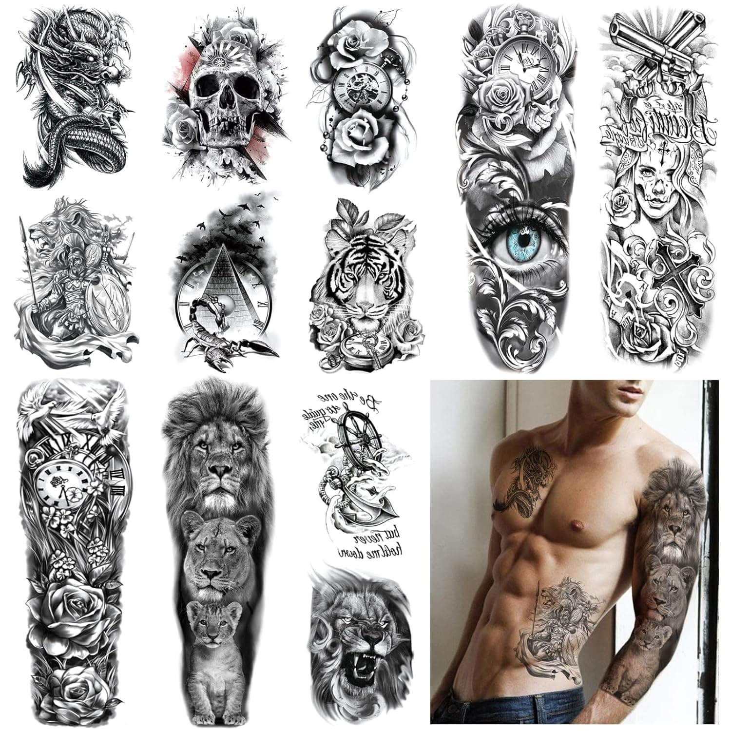 YOEMTAT 12 Sheets Tribal Maori Wolf Totem Waterproof Temporary Tattoos Sticker for Women Men Adult, 8 Sheets Dragon Tiger Lion Warrior Forearm Realistic Fake Tattoos, 4 Sheet Lion Family Gun Rose Large Full Sleeve