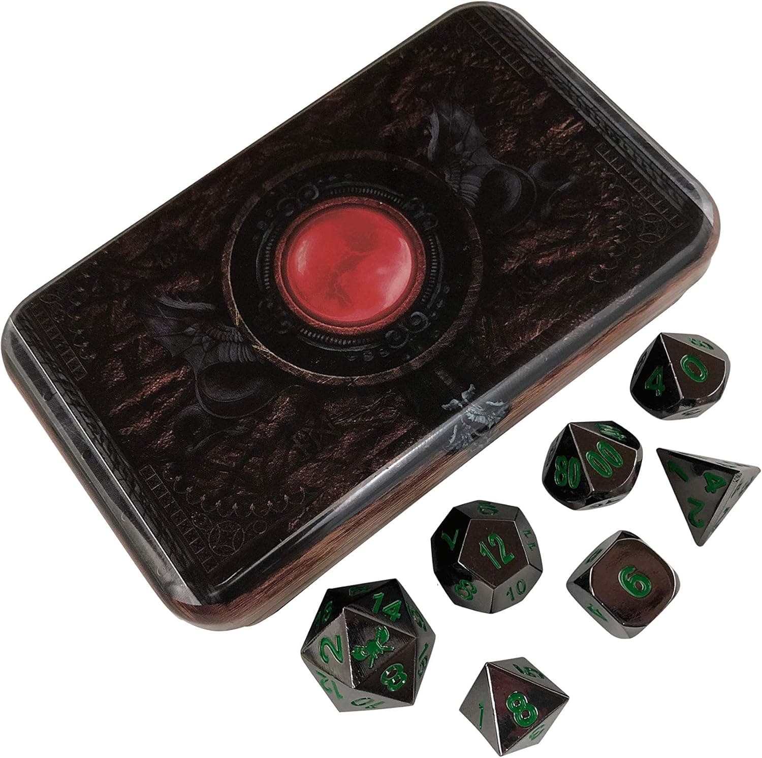 Skull Splitter Dice- Metal Dice Set - Complete Polyhedral Dice Set for RPG DND and Other Table Top Games - Includes Cool Dice Case -Black with Green Numbering