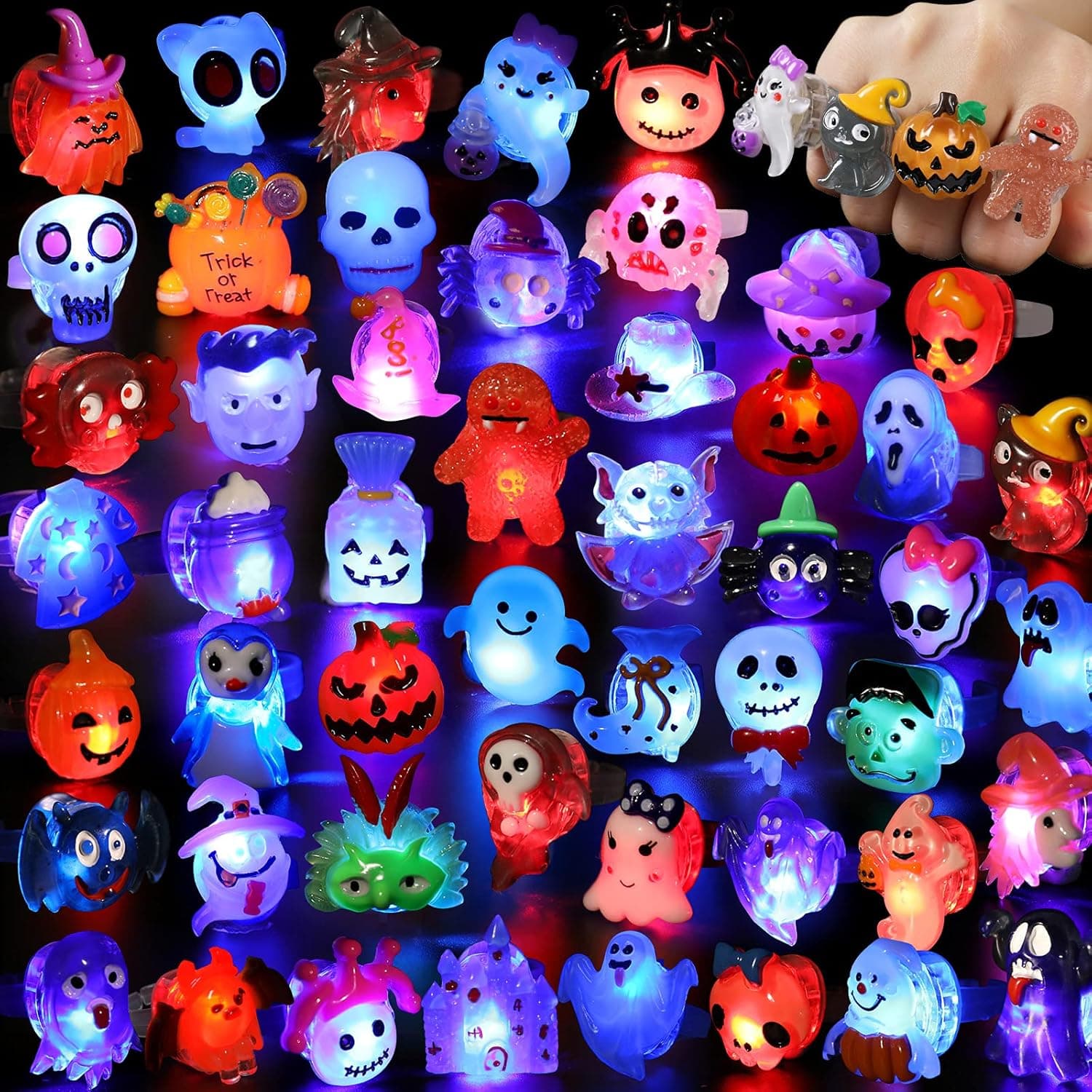 Nucifer 50 Pcs Halloween LED Light Up Rings Halloween Treat 3D Halloween Rings Toy For Kids Adults Flashing Glow Rings In The Dark Non Candy Treats Halloween Party Favors For Kids Goodie Bag Stuffers