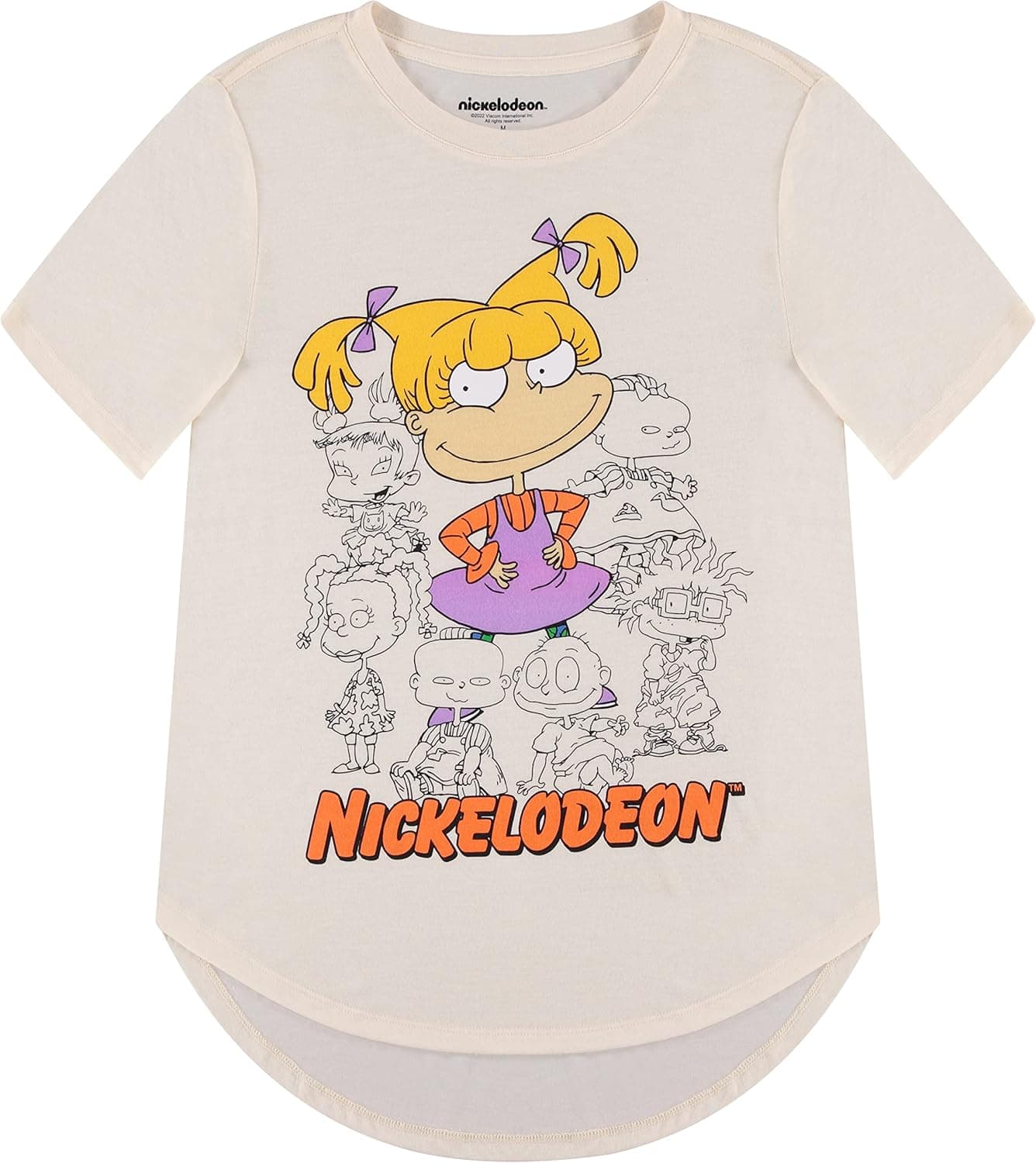 Nickelodeon Ladies 90's Fashion Shirt - Rugrats, Angelica and Chuckie Curved Hem Front and Back Short Sleeve Tee