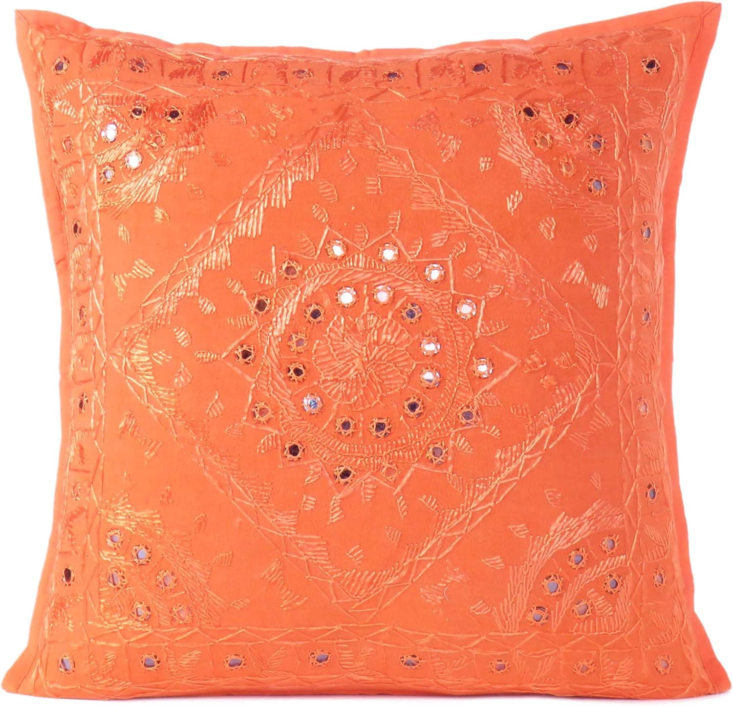 Eyes of India Embroidered Decorative Boho Throw Pillow Cover with Mirrors, Handmade Bohemian Accent Cushion Case for Sofa Couch Bedroom Living Room, 24x24 inch (60x60 cm), Orange