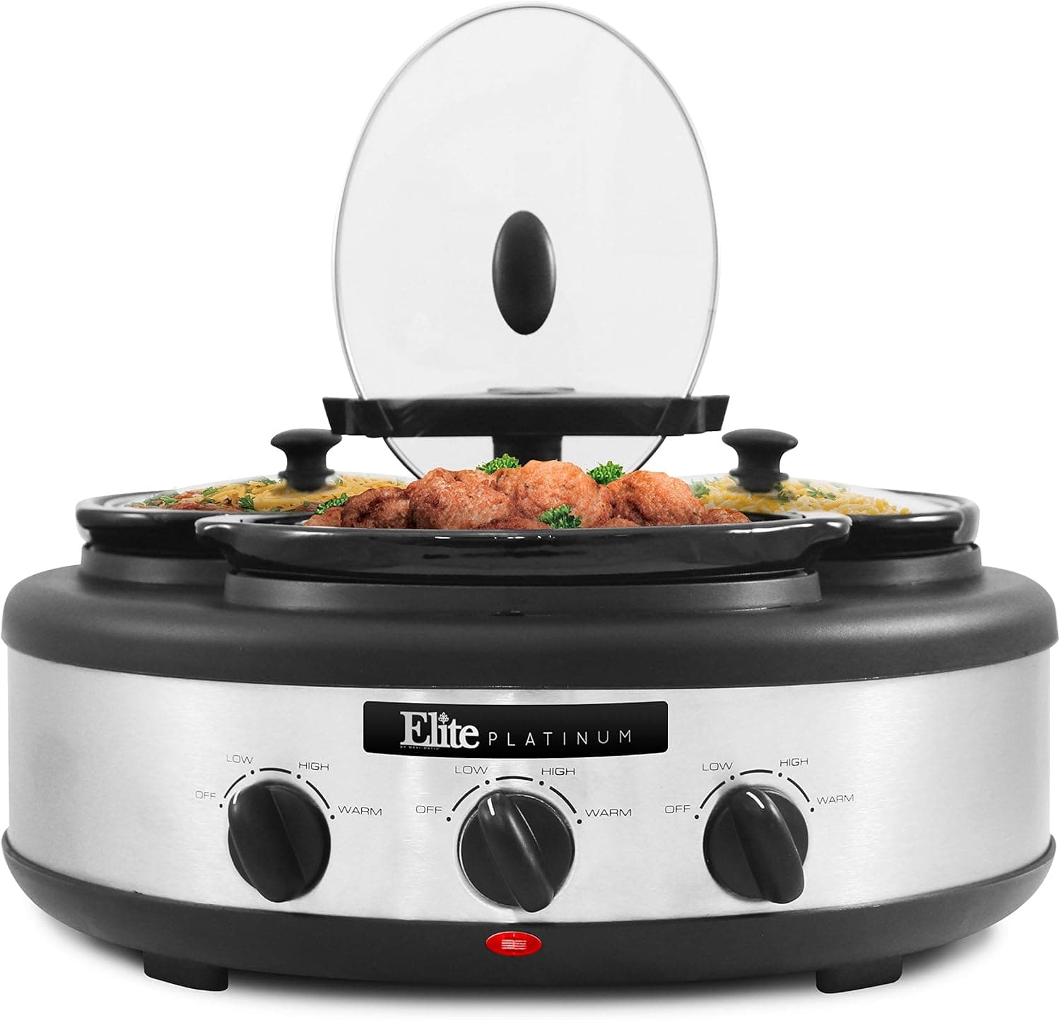 Maxi-Matic MSTB-305 Oval Crock Inserts, Individual Temperature Controls for each Pot, Locking Straps, Lid Rests, Stainless Steel, 3 x 1.5Qt Capacity