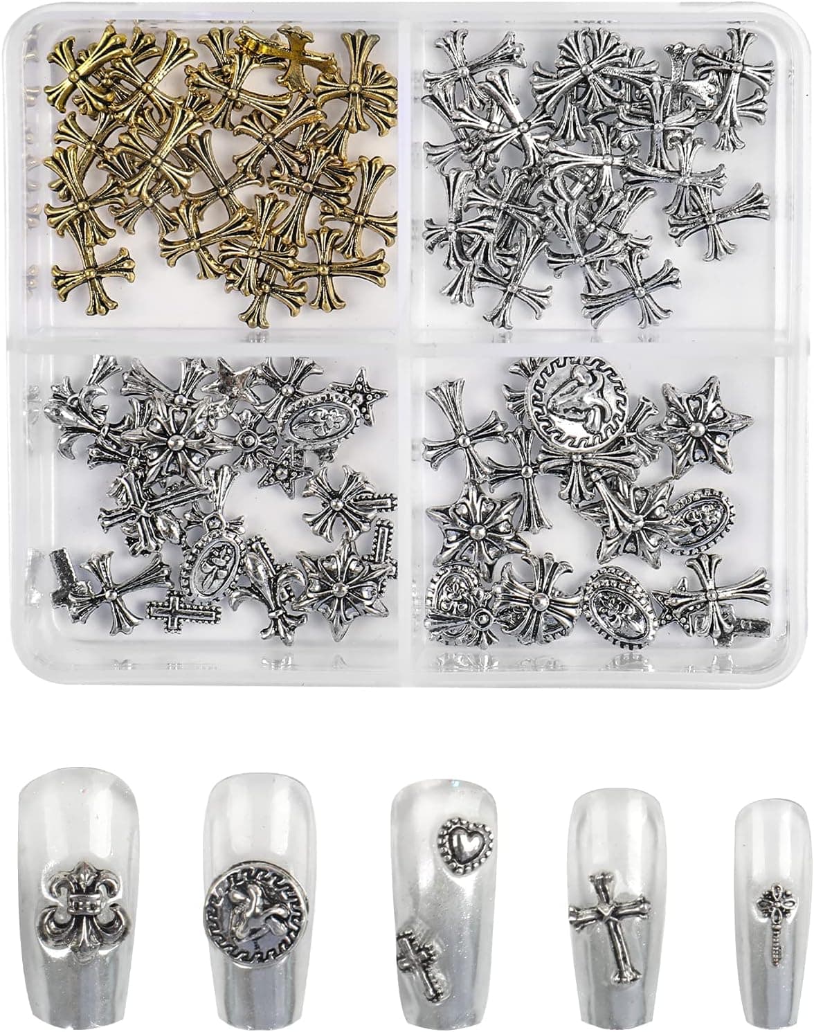Cross Nail Charm, 100 pcs 3D Cross Punk Nail Charms with Silver Vintage Chrome Metal Accessories for Nail Art Crafts DIY Nail Design Decals Making Decorations