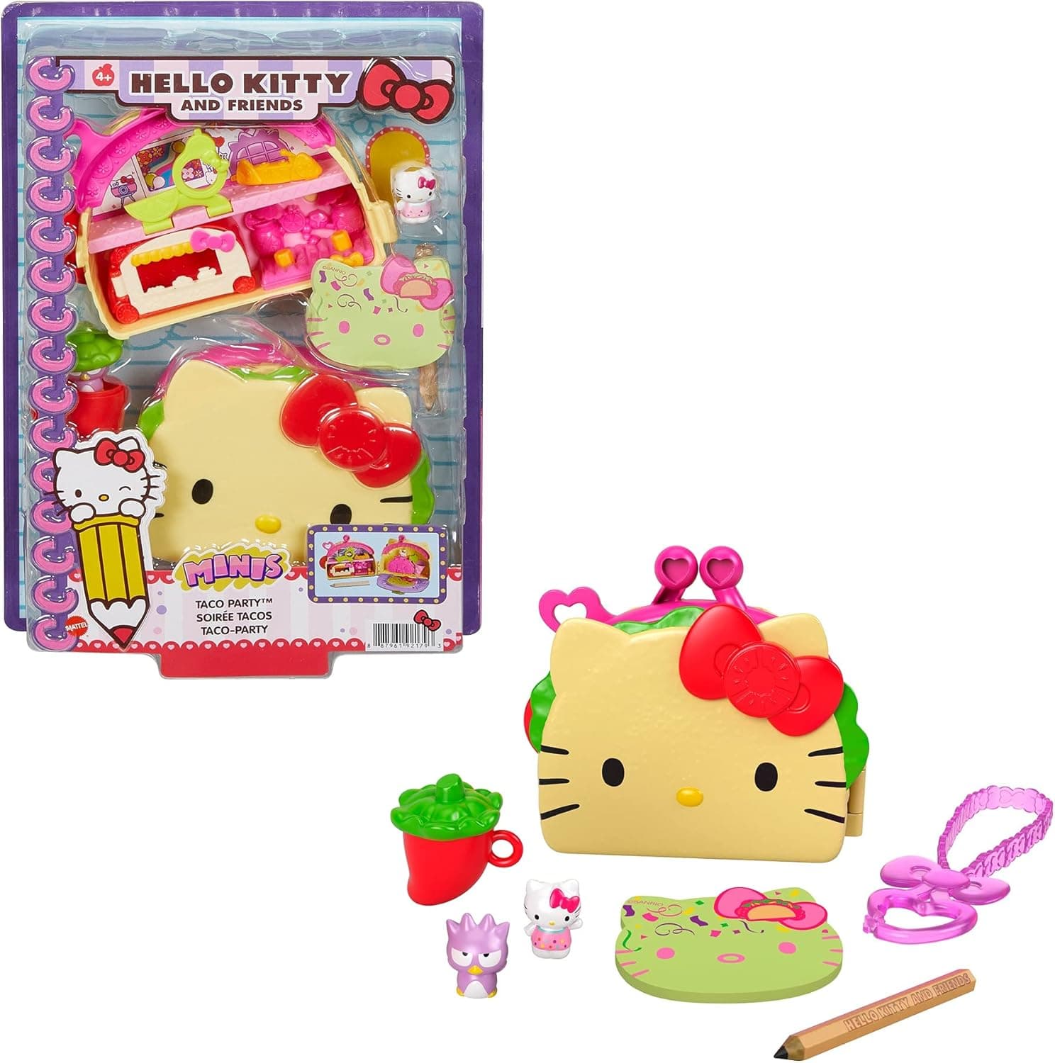 Mattel Hello Kitty Taco Party Compact Playset (4.9-in / 12.5-cm) with 2 Sanrio Minis Figures, Stationery Notepad and Accessories, Great Gift for Kids Ages 4Y+