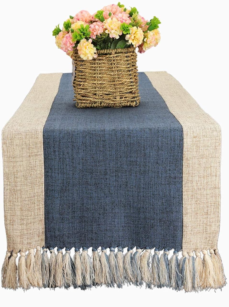 Bettery Home Cotton Fabric Rustic Table Runner with Handcrafted Fringe, Great for Country Farmhouse Wedding Party Decorations, 15 x 70 Inch, Blue