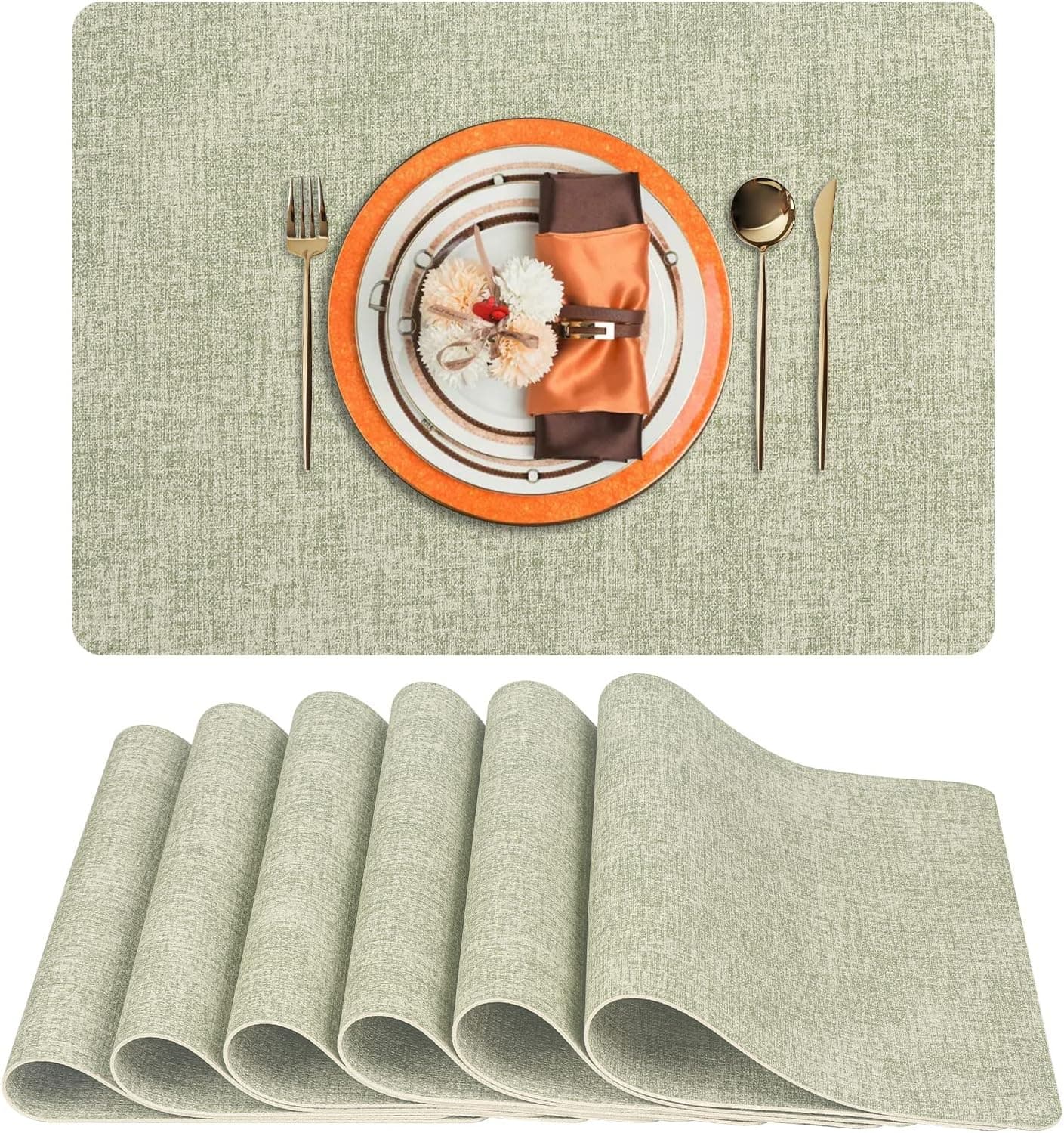 WAYIFON Faux Leather Table Mats, Placemats for Dining Table Set of 6, Waterproof, Stain Resistant, Heat Resistant, Non-Slip Easy to Clean for Kitchen Dining Table, 17.5" x 12.5", Grass Green