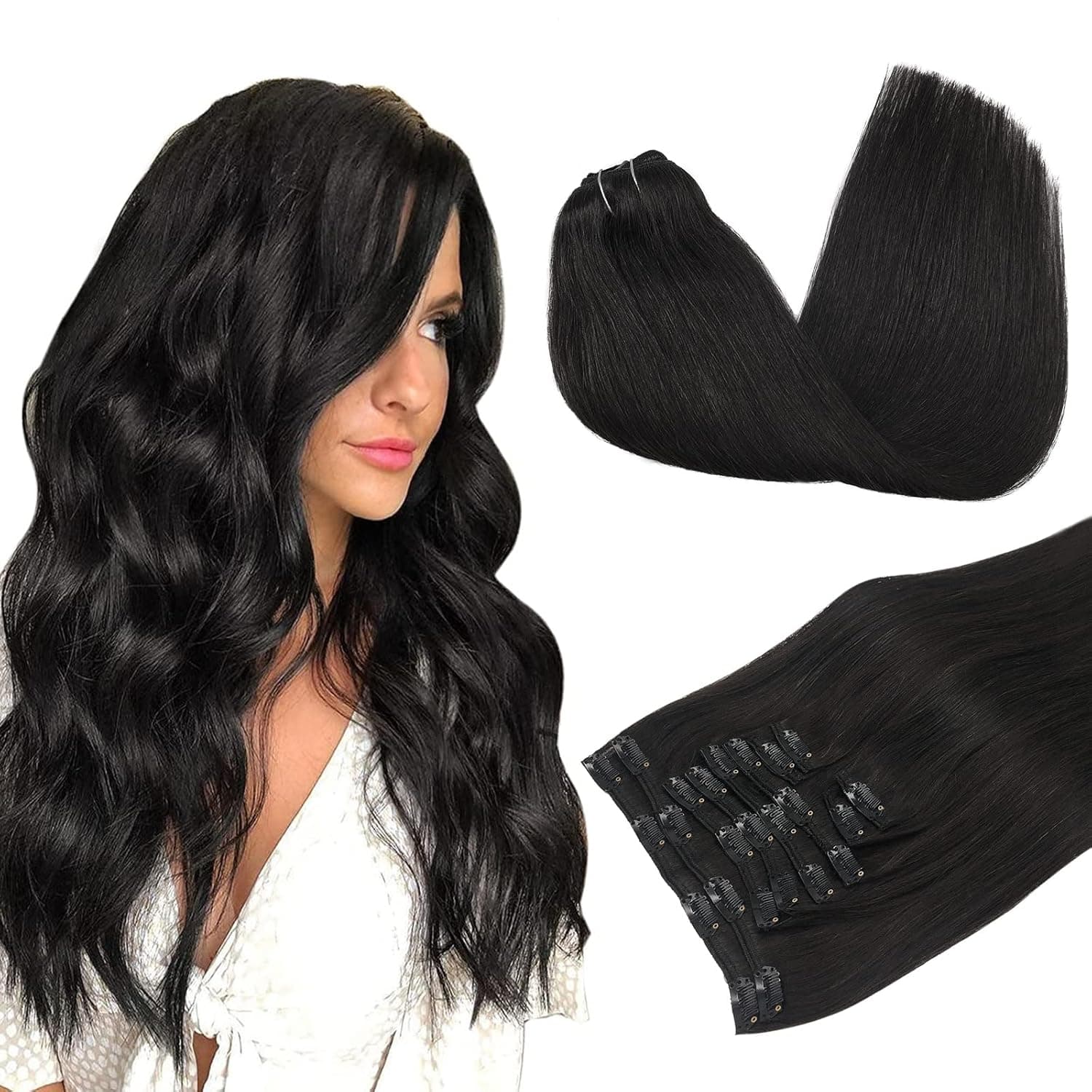 Hair Extensions Clip in, DOORES 10pcs 155g 16 Inch Natural Black Clip in Human Hair Extensions Real Natural Hair Extensions Straight