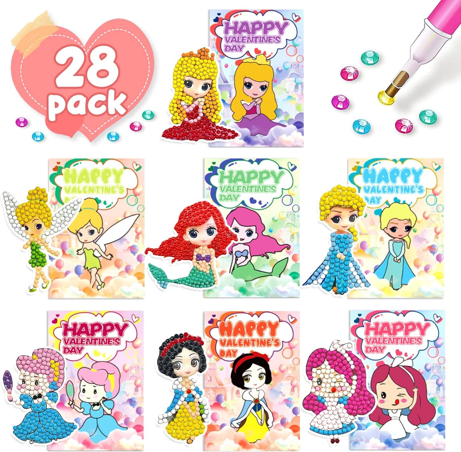 28PCS 5D Diamond Painting Kits for Kids, Diamond Arts and Crafts for Kids Ages 6-8-12, Valentines Cards with Diamond Stickers for Kids School Classroom, Valentines Day Gifts Party Favors - Princess