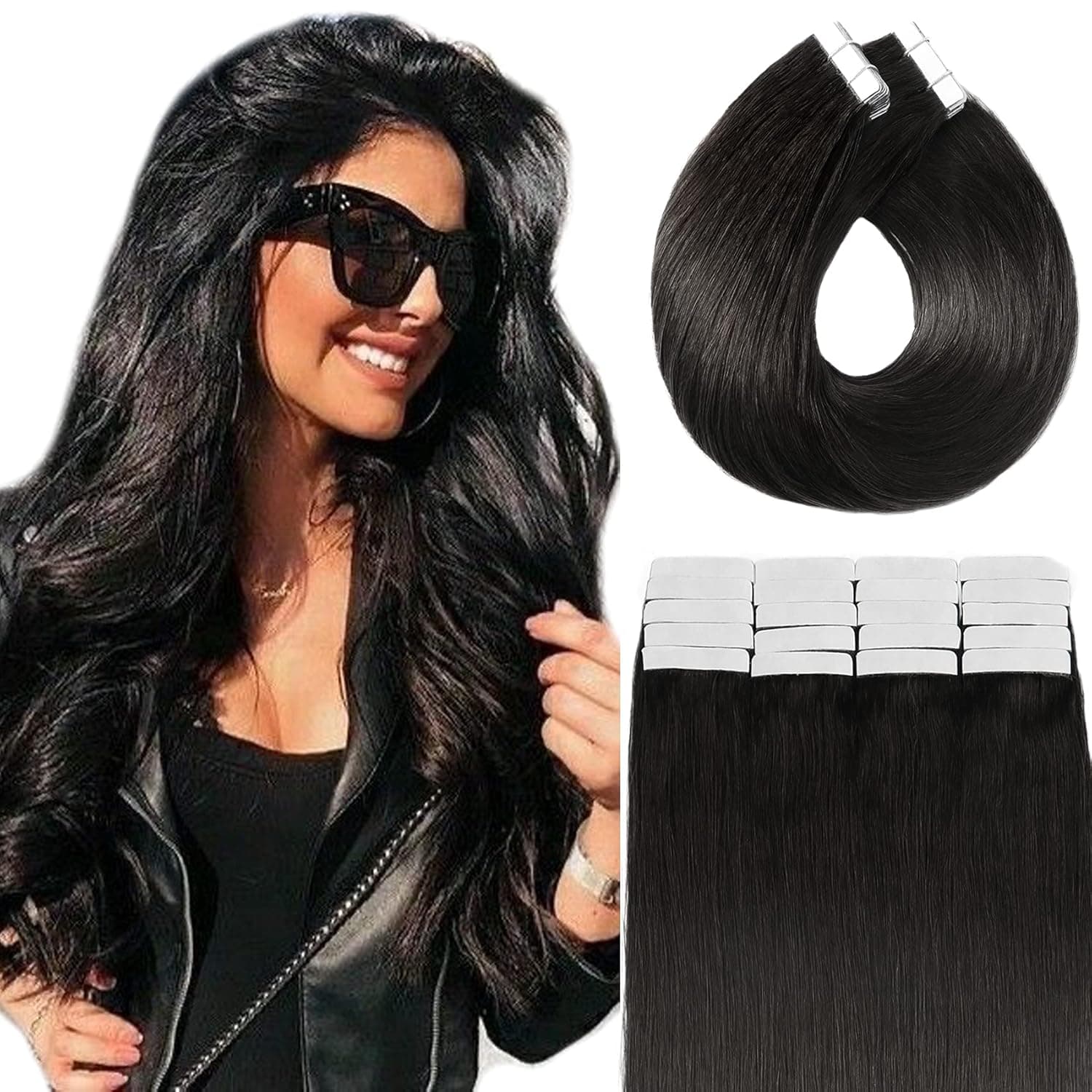 Tape In Hair Extensions Human Hair 16 Inch Natural Black Off Black Tape In Extensions Color 1B Off Black 20 Pcs 50 Grams Tape Hair Extensions Silky Soft Natural Human Hair Extensions Tape
