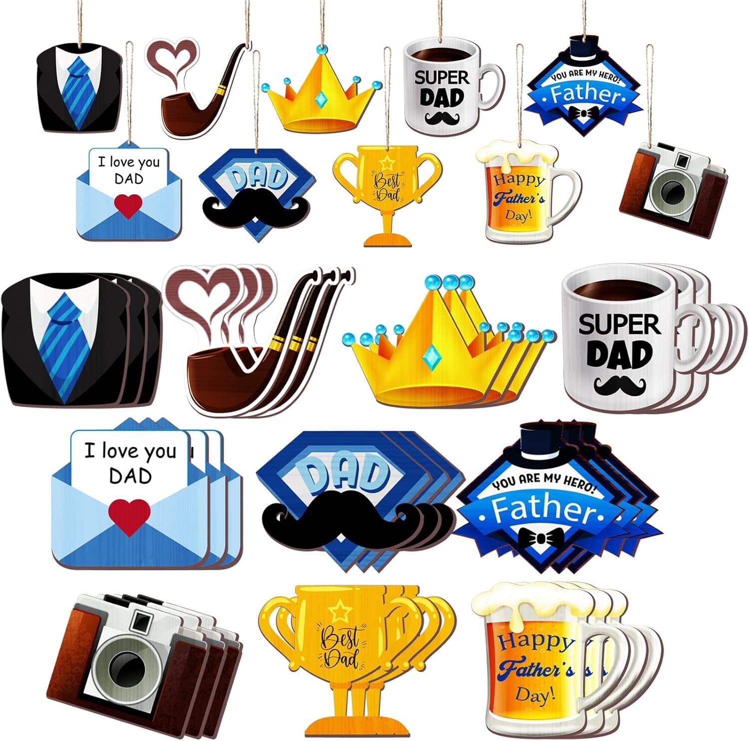 30 Pcs Father's Day Wooden Hanging Decorations Father's Day Wooden Hanging Ornaments Blue Gold Wooden Tags Embellishments with Rope for Man Birthday Party Father's Day Home Decor