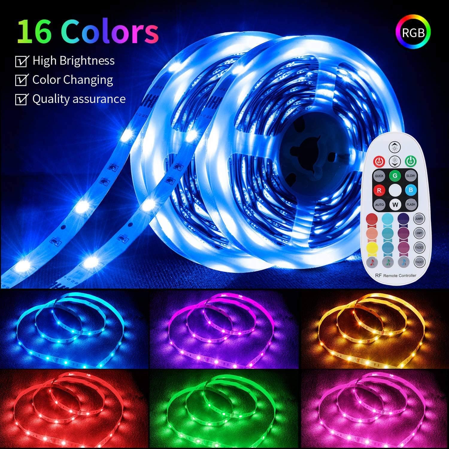 RGB LED Strip Lights 32.8ft SMD 5050 LED Rope Lights, Dorm Lights Color Changing Lights with 28-Keys RF Remote Controller for Home Room Decoration (Sync with Music, UL Listed 12V Power Supply)