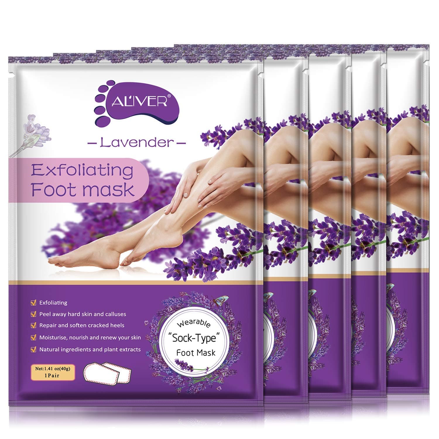 ALIVER Foot Mask 5 Pack Foot Peel Mask Soft Foot Peeling Scrub Mask, Removes Calluses and Dead Skin Cells ( Lavender)