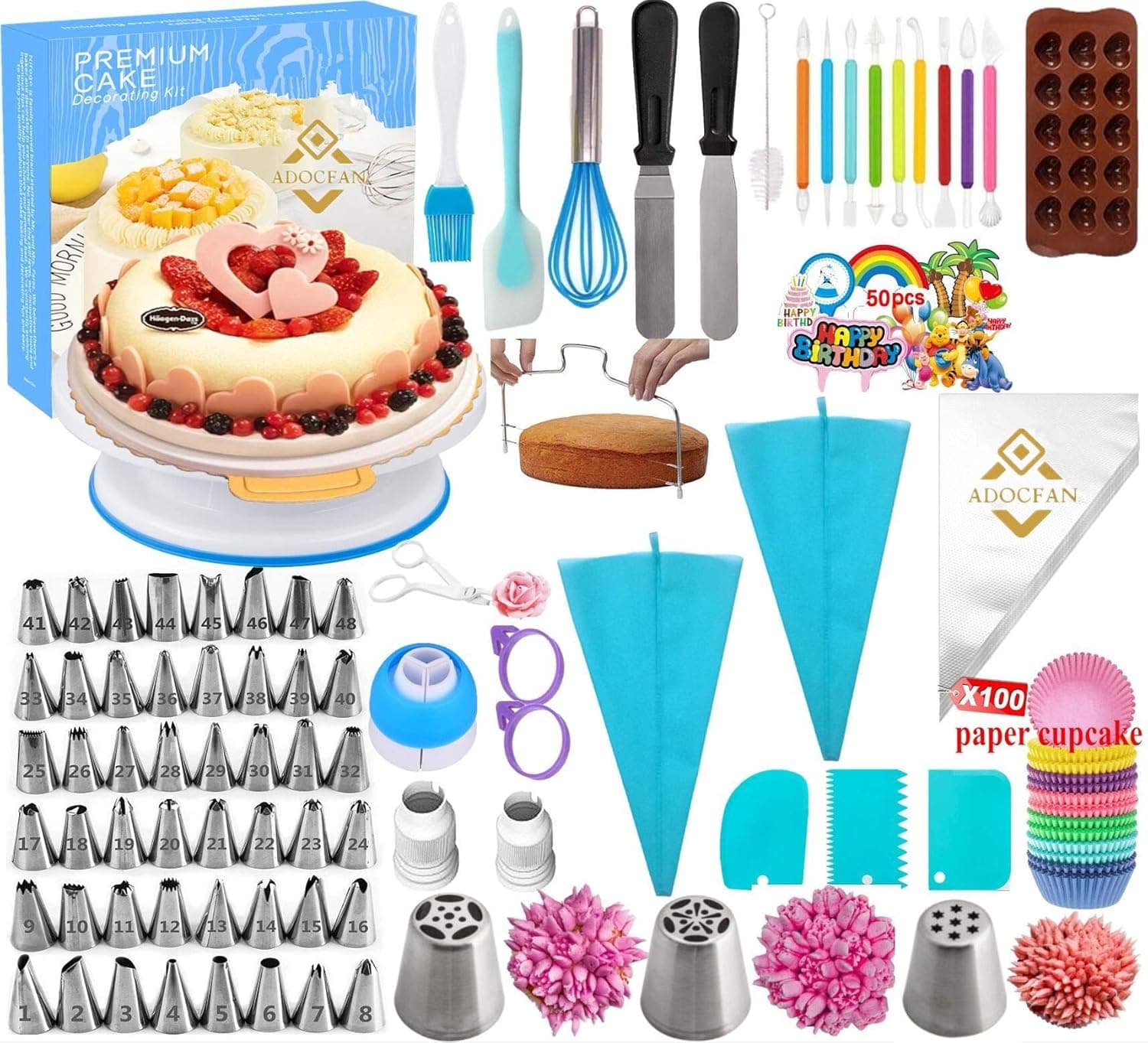 Cake Decorating Supplies 290PC with Cake Turntable,Baking Supplies and Tools Set, 51 Numbered Piping Tips with Pattern Chart & EBook,Baking Set for Cakes for Beginners and Cake Lovers