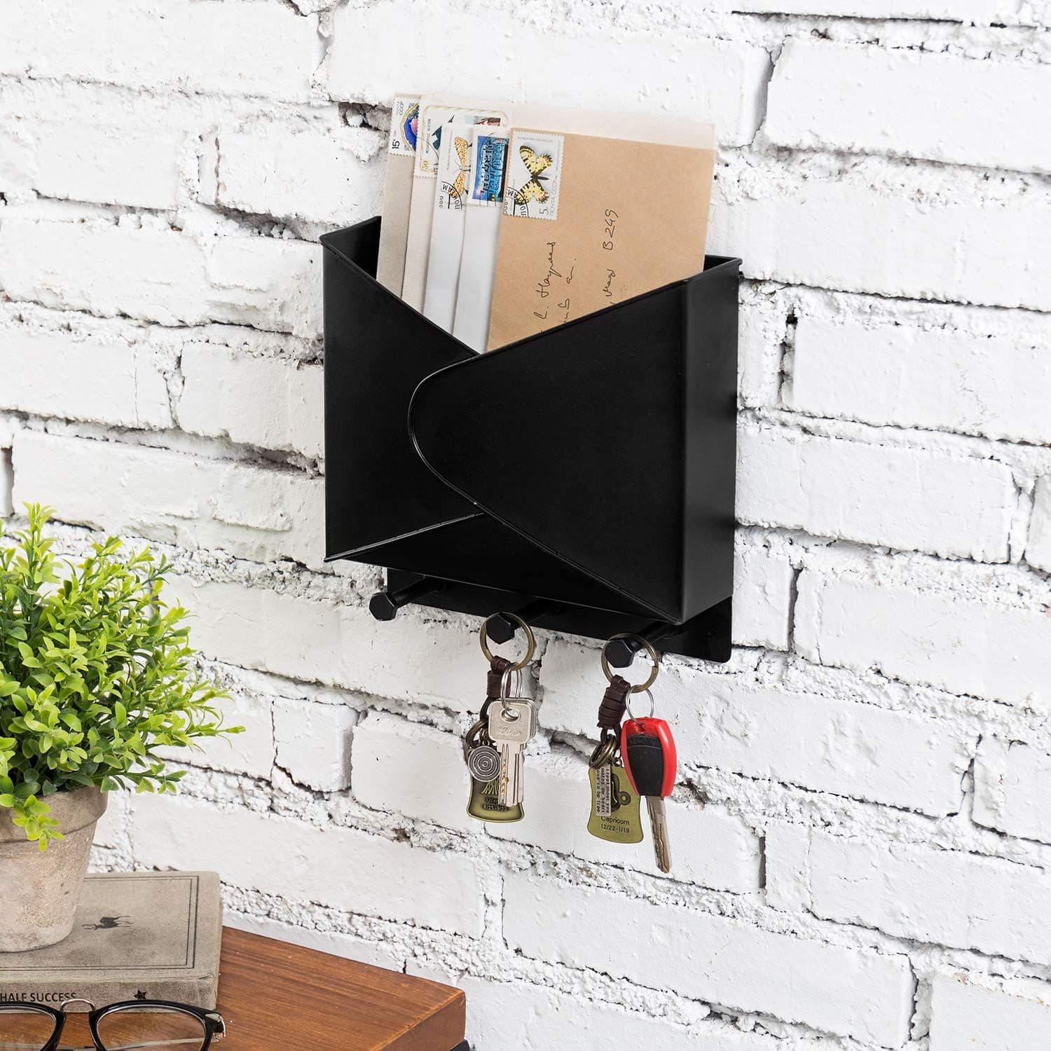 MyGift Industrial Style Wall Mounted Black Metal Mail Organizer Rack with 3 Bolt-Shaped Key Hooks