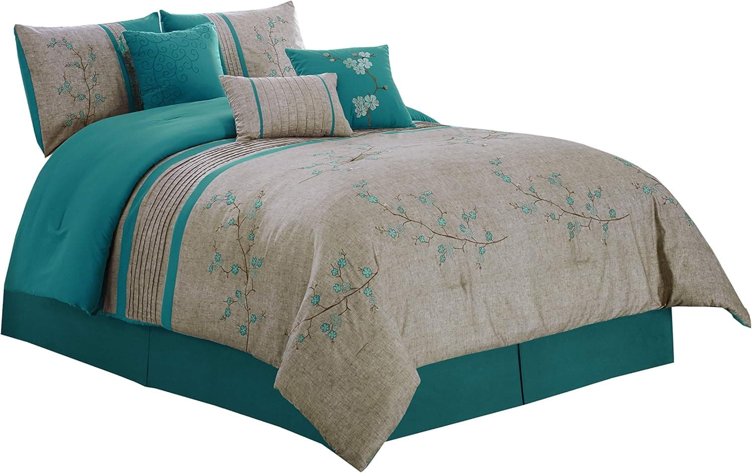 Chezmoi Collection Noriko Luxury 7-Piece Teal Cherry Blossoms Floral Embroidery Bedding Comforter Set (Full, 86" x 88")