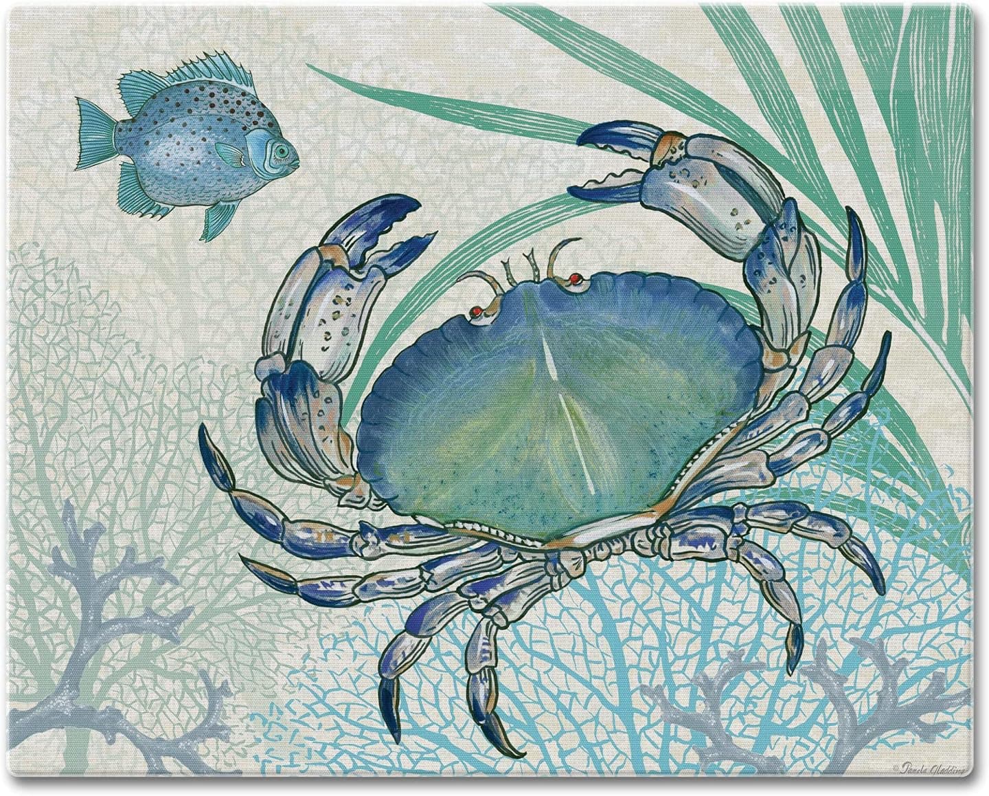CounterArt Oceana Crab 3mm Heat Tolerant Tempered Glass Cutting Board 15” x 12” Manufactured in the USA Dishwasher Safe