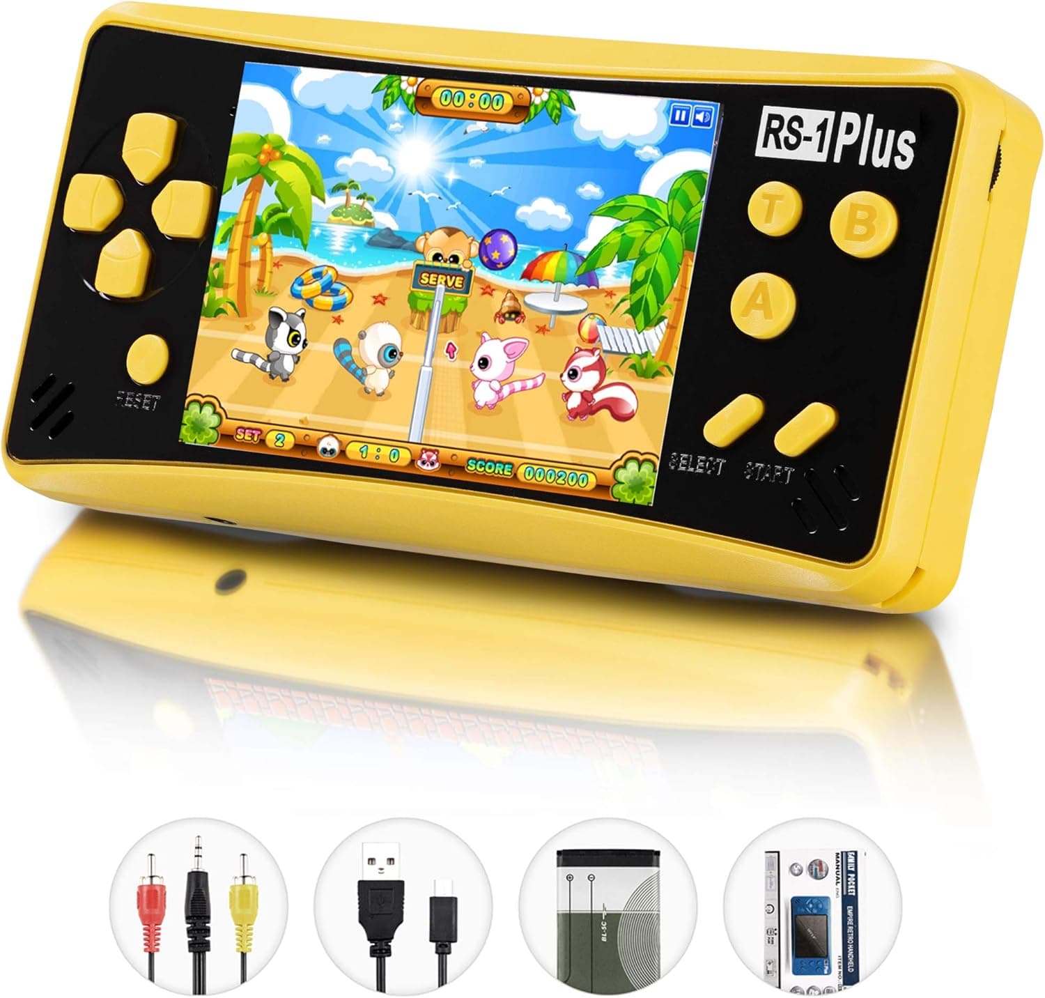 X-JJFUN RS-1 Plus Handheld Games for Kids Adults, Built in 218 Classic Retro Games Portable Arcade Video Games with 3.5" LCD Screen 1 USB Charge, Birthday Christmas Presents for Children-Lemon Yellow
