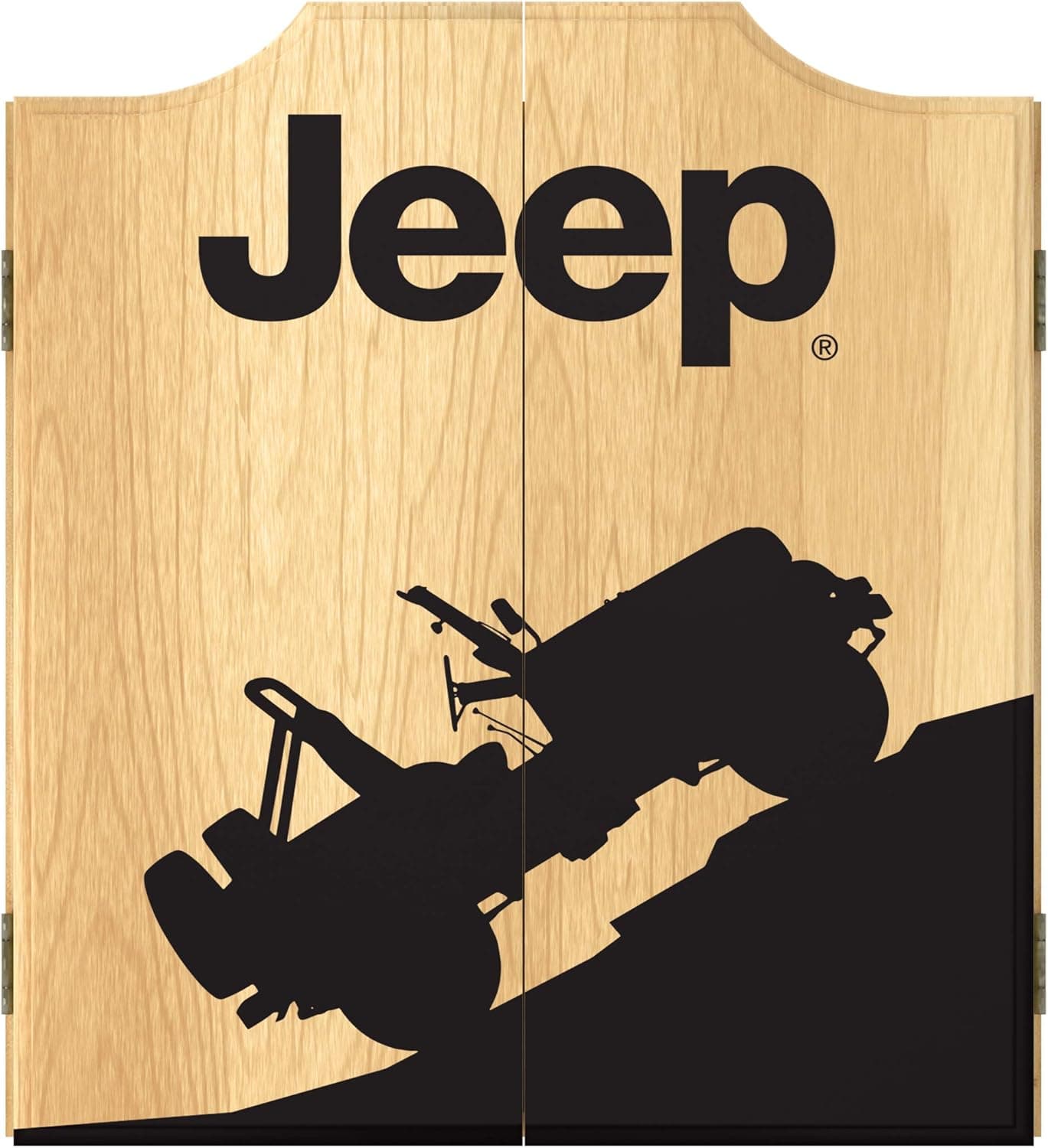 Trademark Global Dart Board Cabinet Set- Jeep Silhouette Dartboard Game Includes 6 Steel Tip Darts, Scoreboard & Hanging Wood Cupboard, Wooden