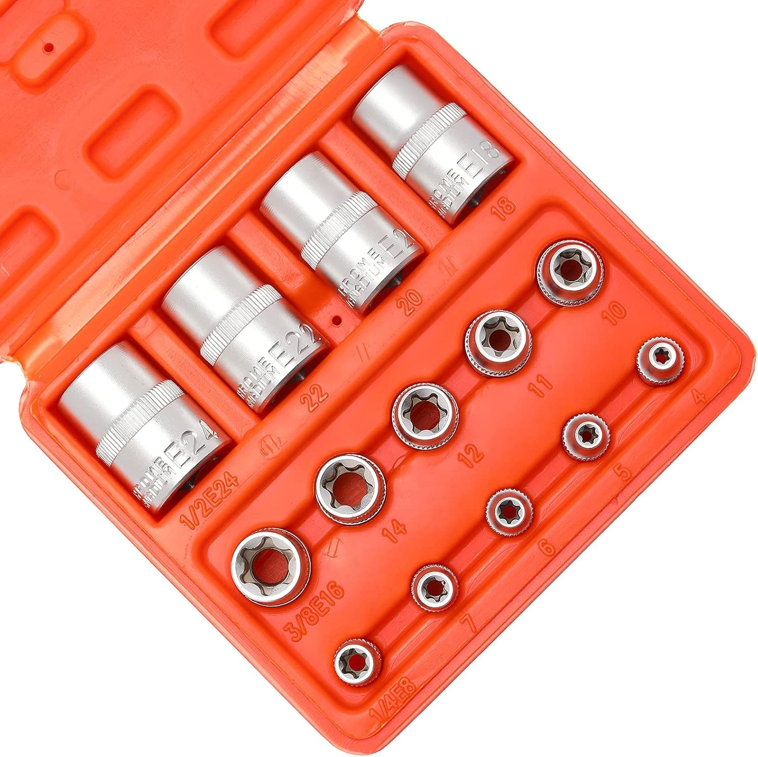 MIXPOWER 14-Pieces Female E-TORX Star Socket Set with Case, 1/4" 3/8" 1/2" Drive,Female External Star Socket Set, E4 - E24 Torque Socket Set