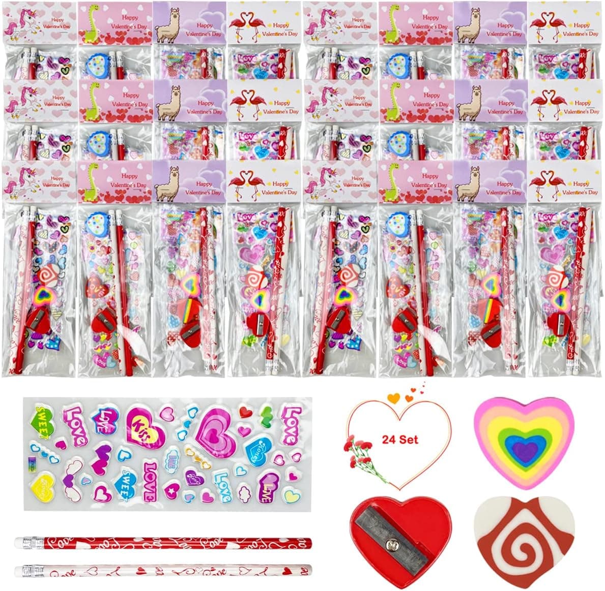 QINGQIU 24 Set Valentines Day Stationery for Kids School Class Classroom Valentines Day Cards Gifts Prizes Party Supplies