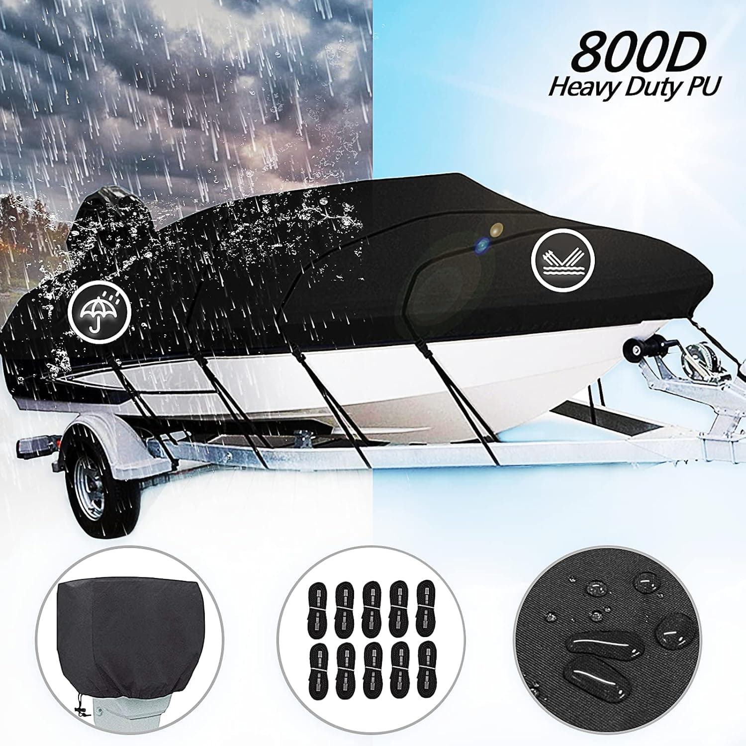 GOYOR 16-19ft Heavy Duty 800D Marine Grade Polyester Trailerable Waterproof Boat Cover with Windproof Straps and Motor Cover