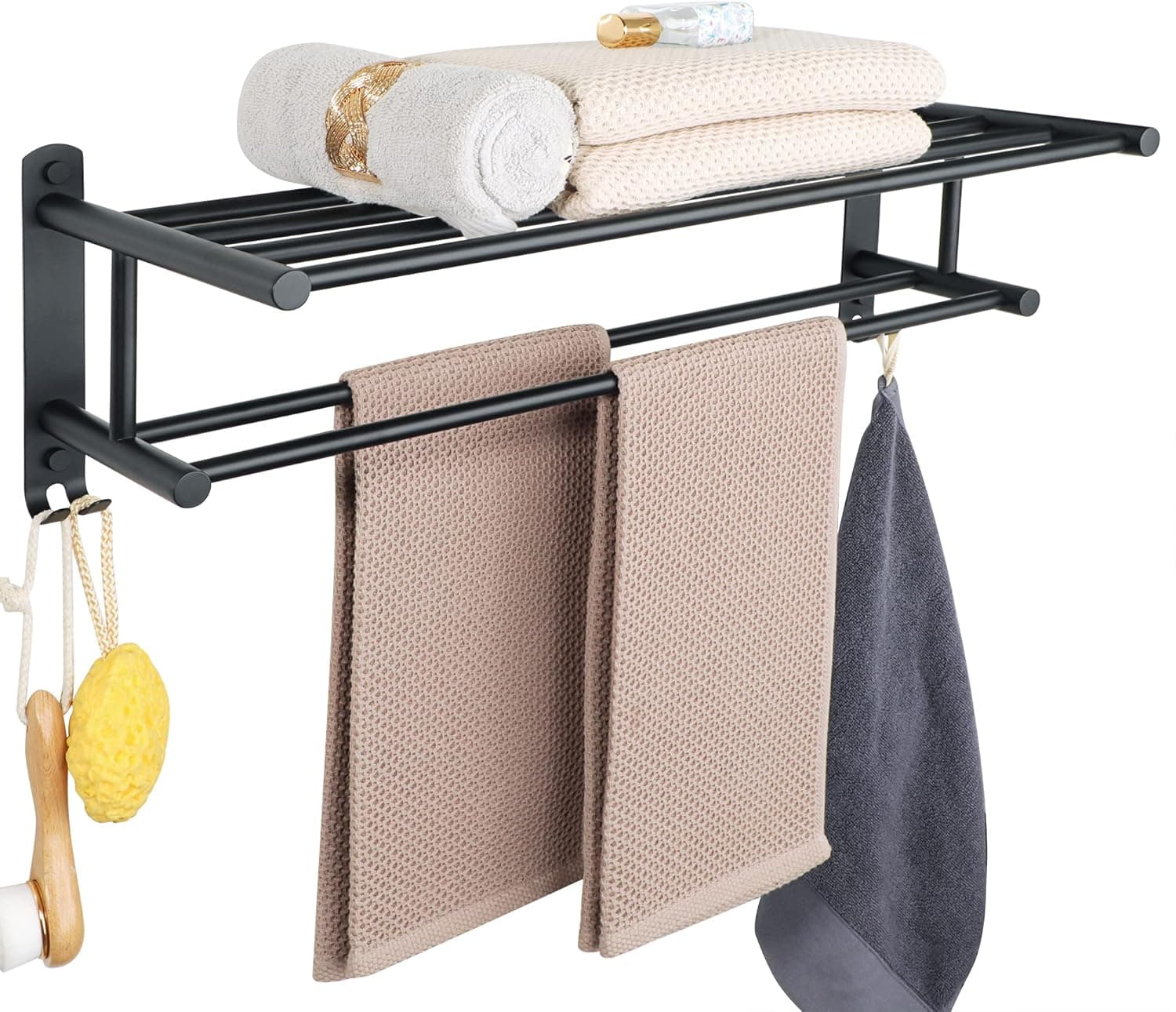 Alise Bathroom Towel Rack Towel Shelf with Two Towel Bars and Double Towel Hooks Wall Mount Towel Holder,SUS 304 Stainless Steel Matte Black GY6000-B