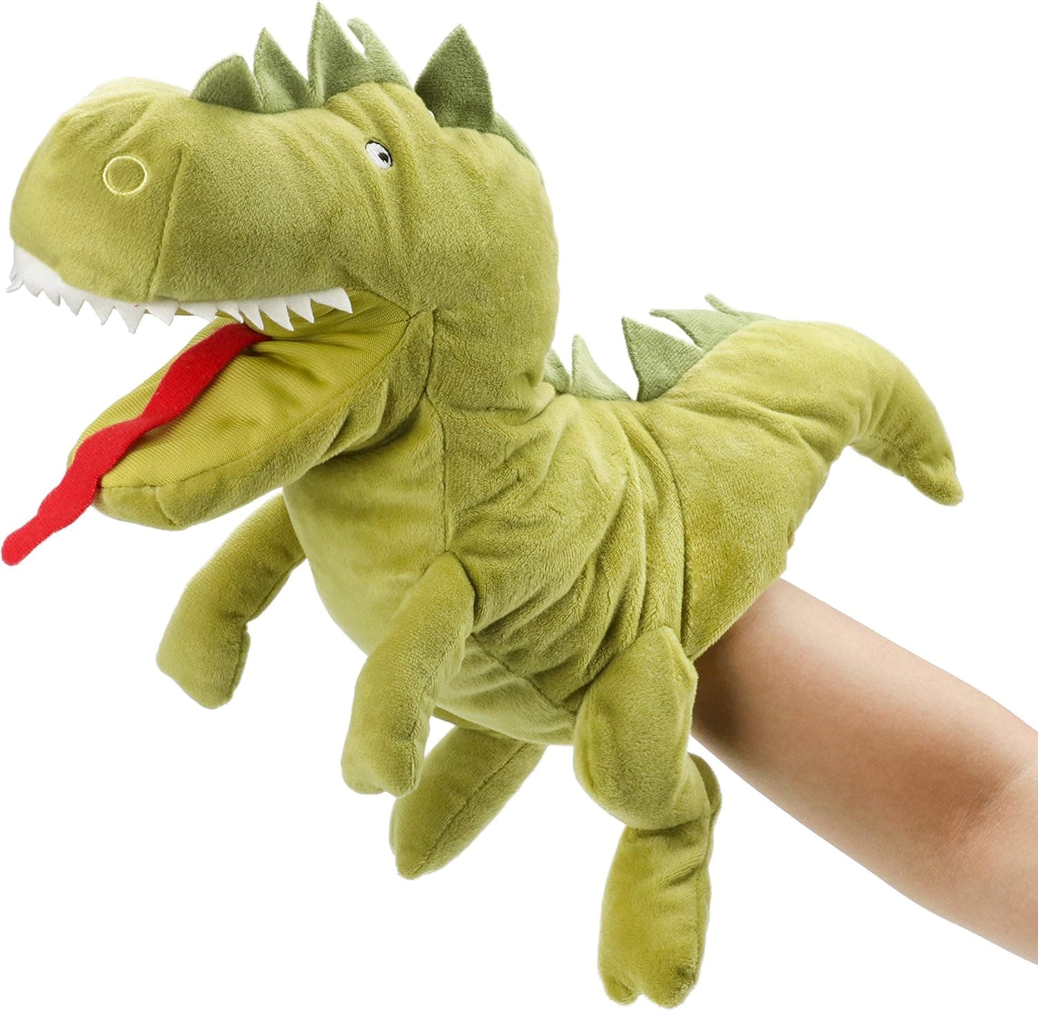 Hopearl Plush Dinosaur Hand Puppet T-Rex Puppet with Open Movable Mouth for Imaginative Play, Role Play, Interactive Toy for Storytelling Teaching Puppet Theater, Birthday Gift for Kids, Green, 13''