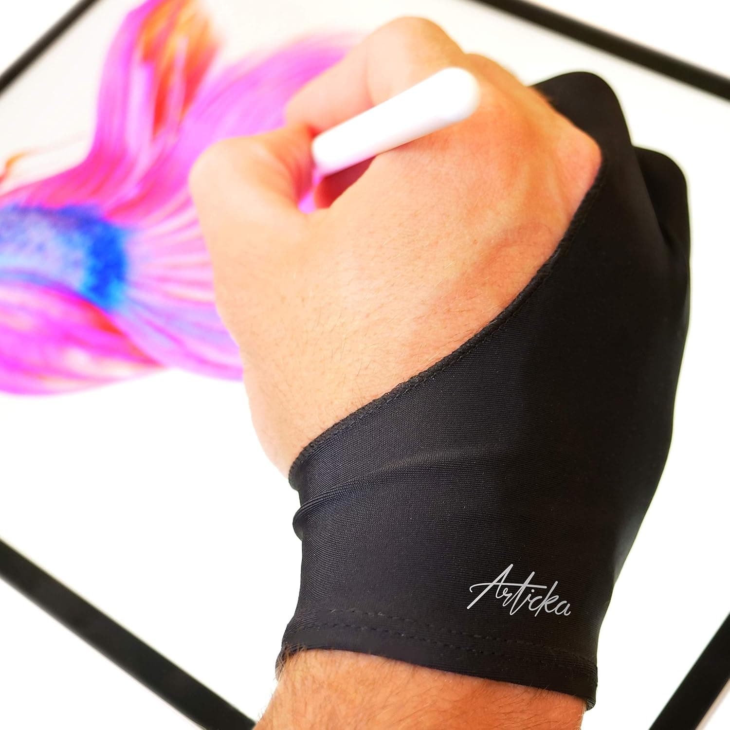 Articka Drawing Glove for Digital Drawing Tablet, iPad (Smudge Guard, Two-Finger, Reduces Friction, Elastic Lycra, Good for Right and Left Hand)(Large, Black)
