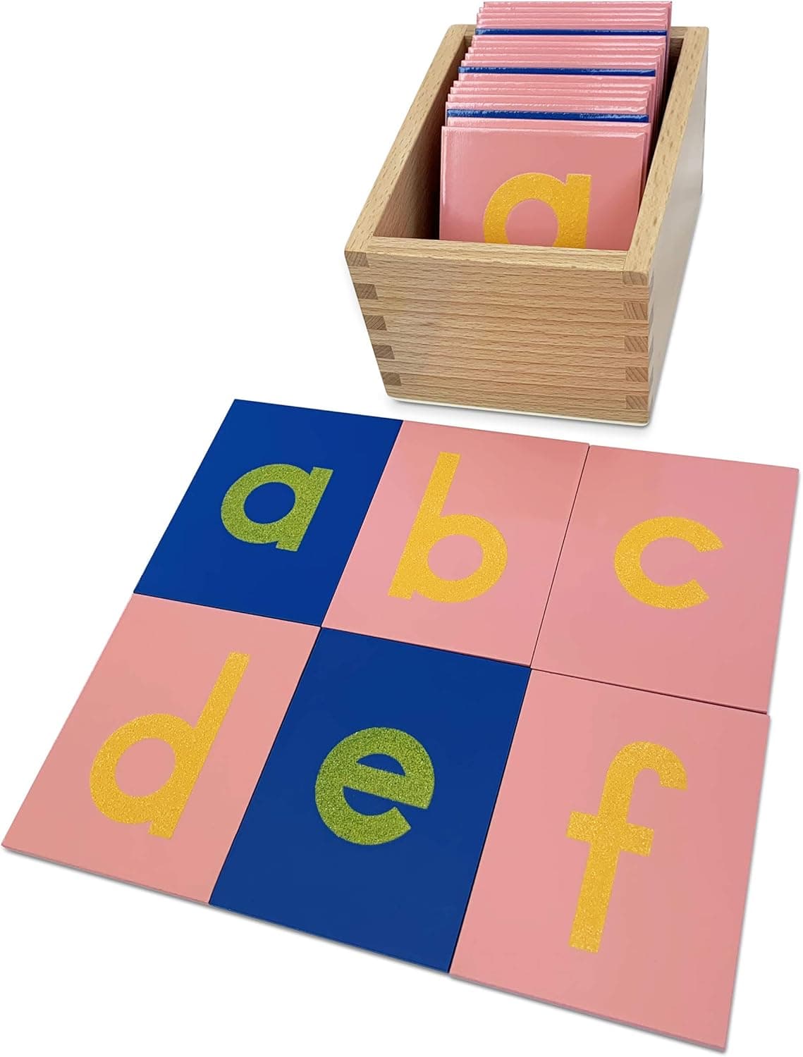 Delmach Montessori Sandpaper Letters | Lowercase | PP Wood Tiles | Vowel Consonant Color Coded | Includes Storage Box