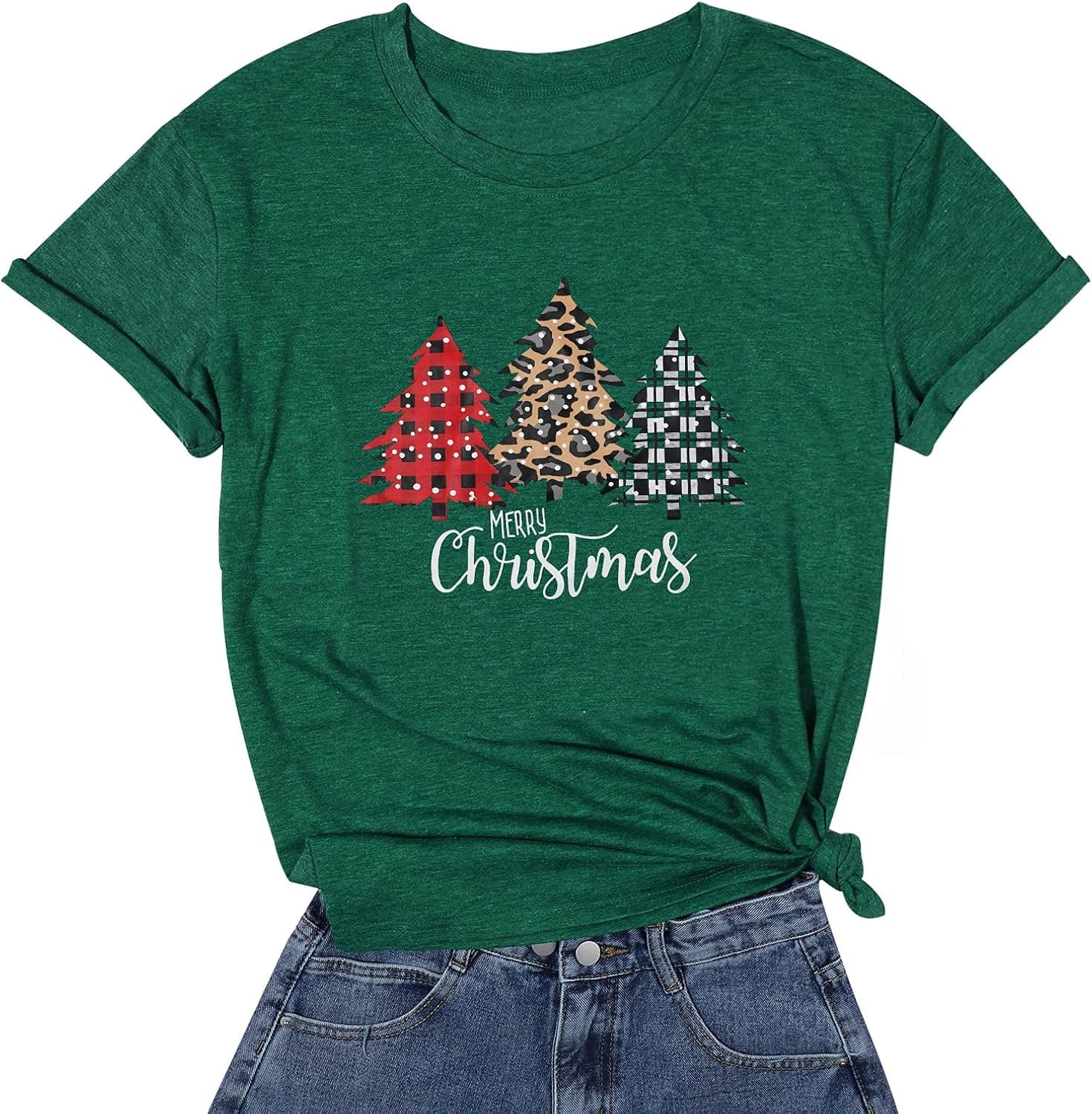 Merry Christmas Shirt Women Leopard Plaid Trees Print Casual V Neck Short Sleeve Tshirt Top