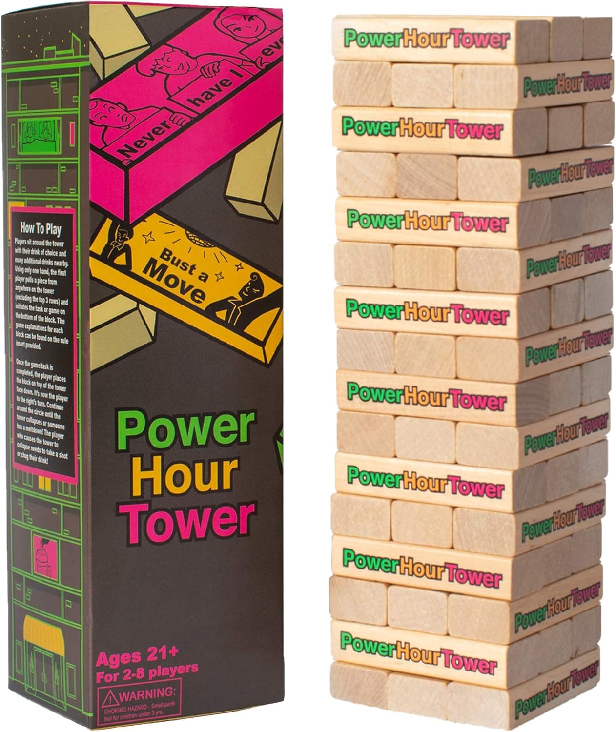 Power Hour Tower Adult Party Game - 48 Hilarious Wooden Blocks - Either a Game, Prodding Question, Challenge or Task, for Game Night, Party, Pregame, or Bachelorette & Bachelor Activity