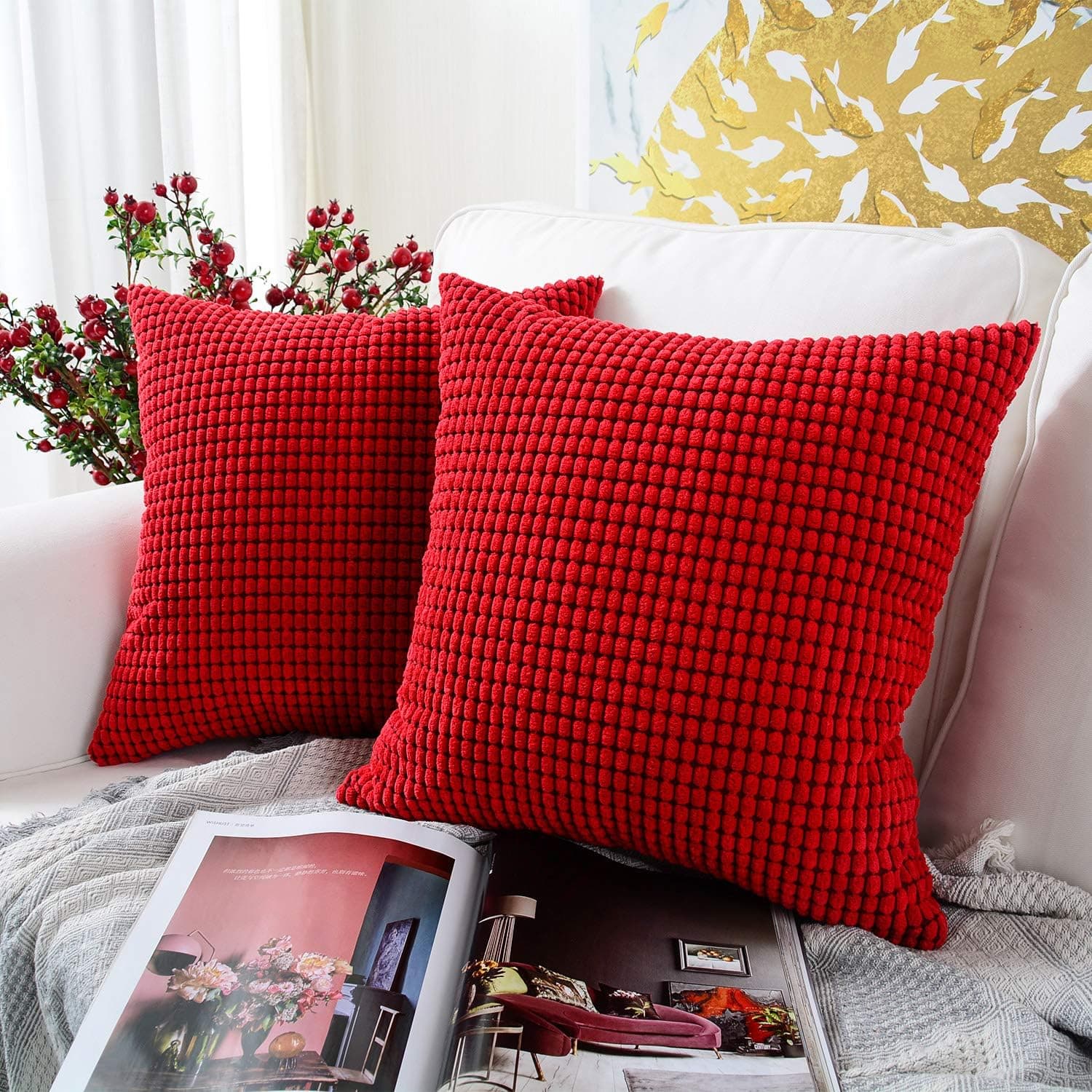 MERNETTE New Year/Christmas Decorations Corduroy Soft Decorative Square Throw Pillow Cover Cushion Covers Pillowcase, Home Decor for Party/Xmas 22x22 Inch/55x55 cm, Red, Set of 2