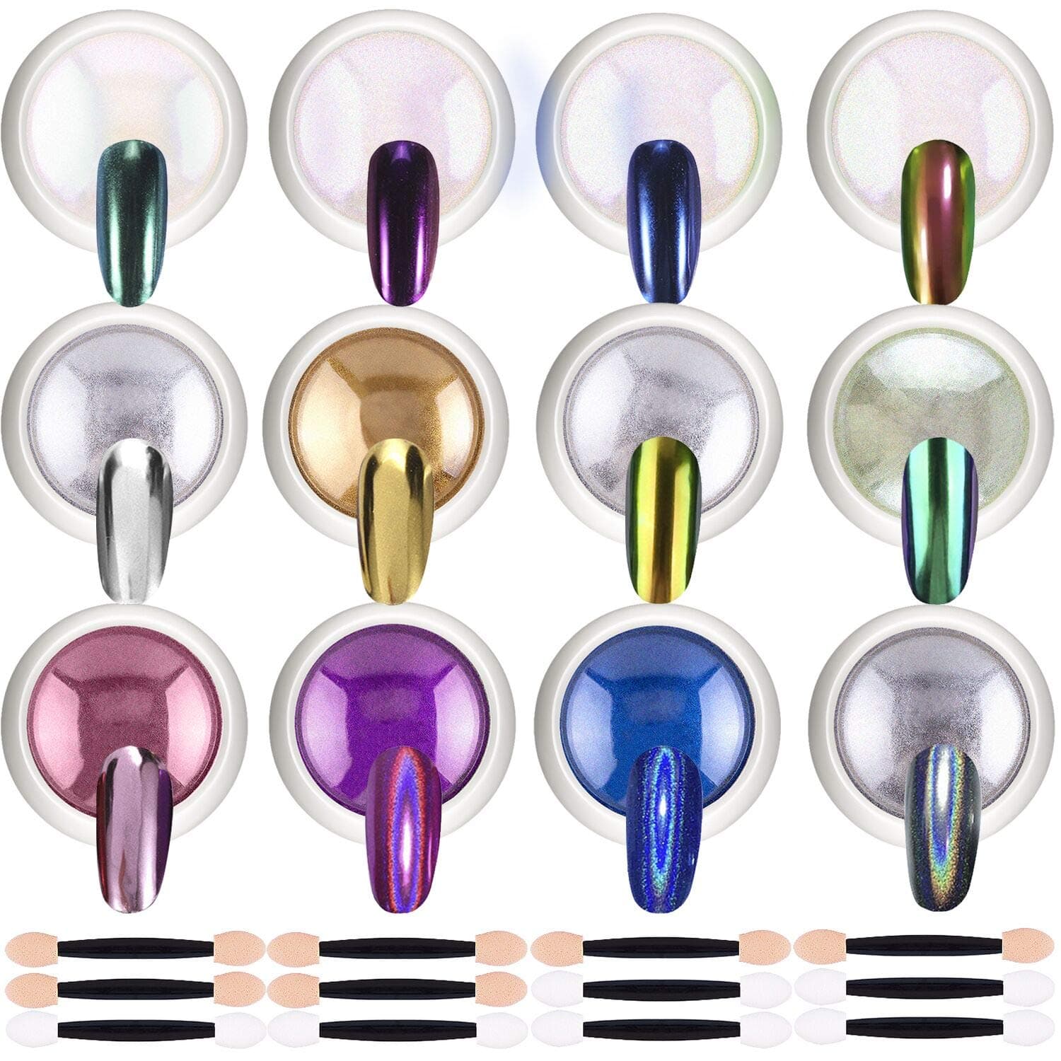 Duufin 12 Colors Chrome Nail Powder Mirror Effect Nail Art Powder Holographic Powder Laser Manicure Powder Aurora Iridescent Pearl Chameleon Nail Powder with 12 Pcs Eyeshadow Sticks