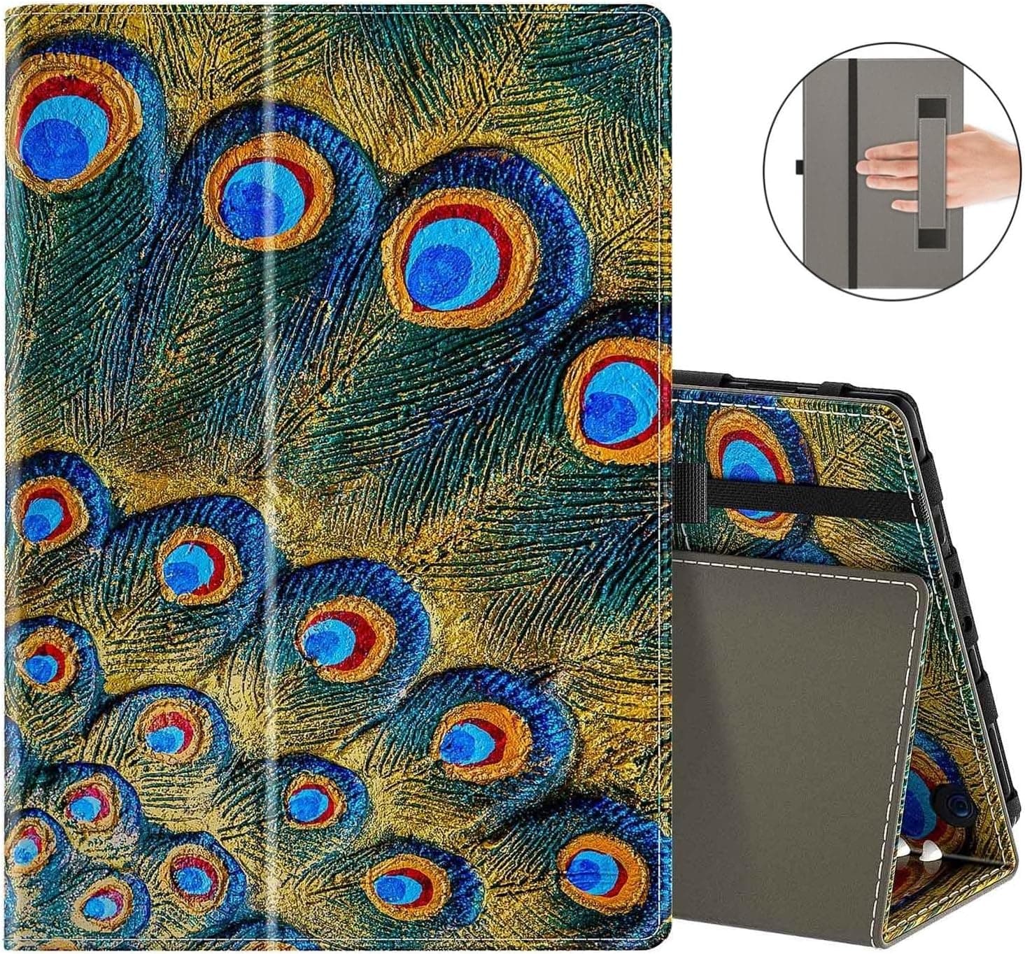 Retear Case for Amazon Kindle Fire HD 10 (ONLY fit 11th Generation 2021 Release) & Fire HD 10 Plus Tablet 10.1", Slim Folding Stand Cover with Auto Wake/Sleep & Hand Strap, Peafowl