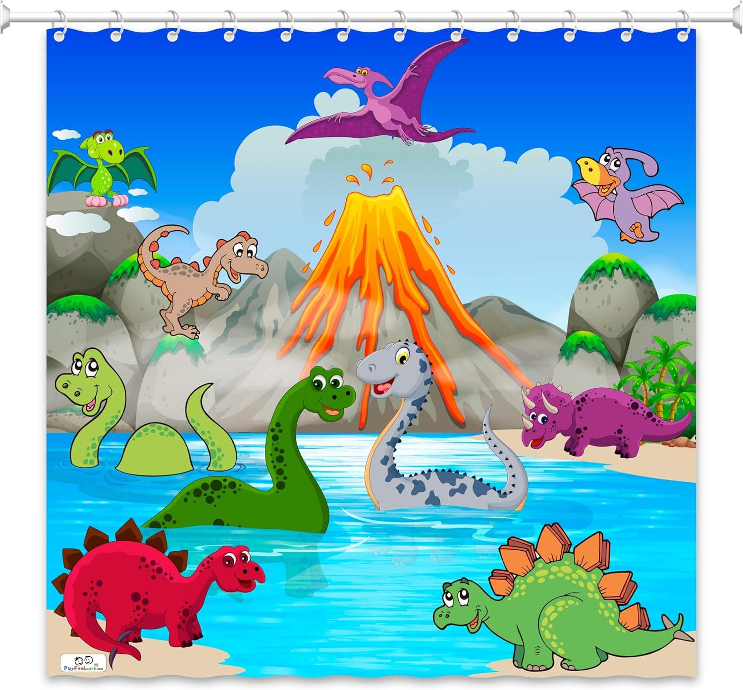 PlayFunLearn Kids Dinosaur Shower Curtain. Dinos Playing in The Water. 100% Polyester. Hooks incl. 72x72 in.Kids Shower Curtains (Swimming Dinosaurs)