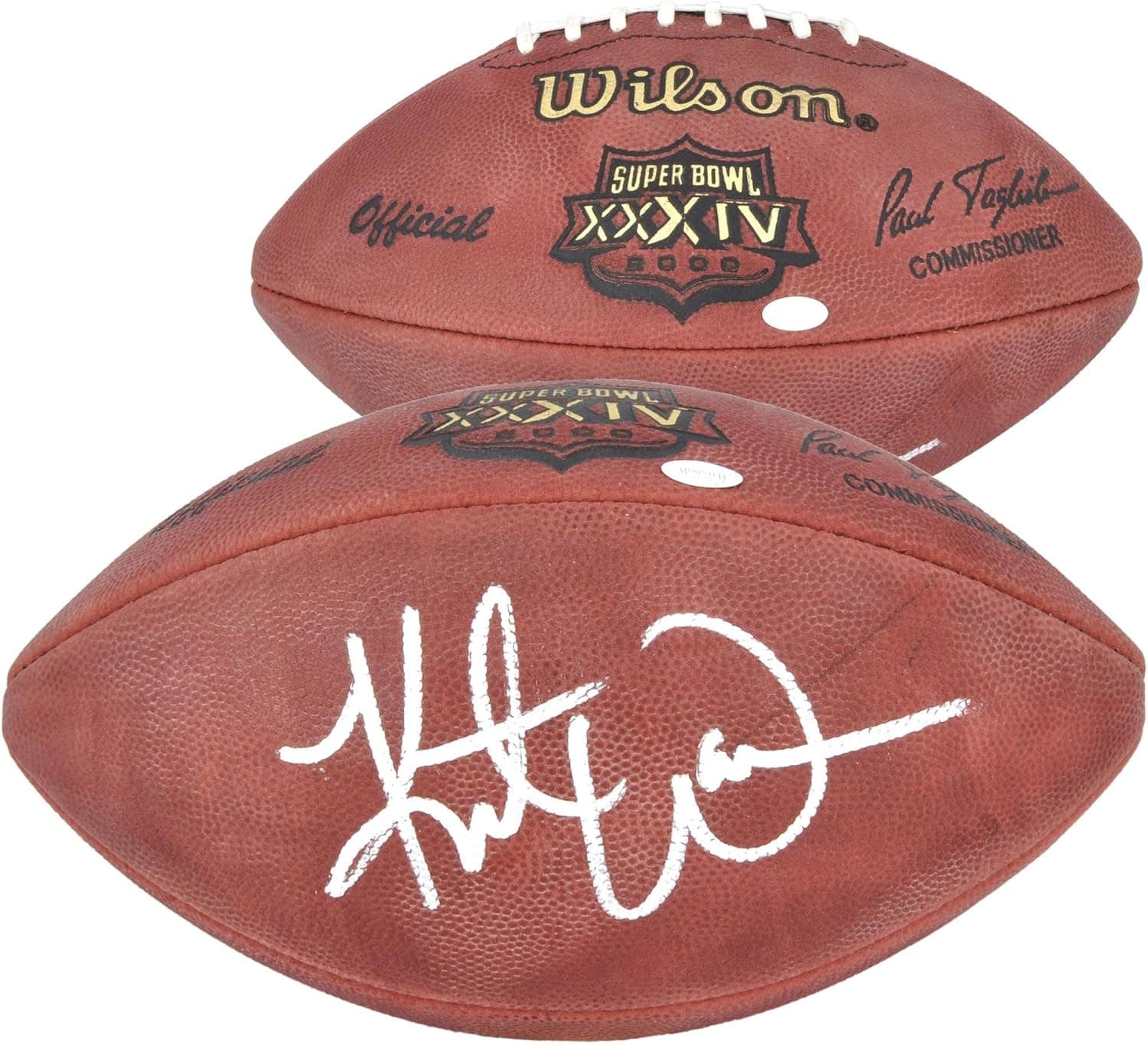 Kurt Warner St. Louis Rams Super Bowl XXXIV Champions Autographed Super Bowl Logo Football - Autographed Footballs