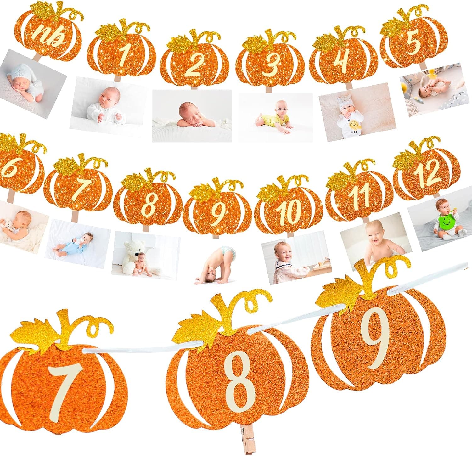 Pumpkin 1st Birthday Photo Banner Orange and Gold Glitter, Pumpkin Patch Baby Monthly New Born Garland 12 month Little Pumpkin Themed Decorations Baby Thanksgiving Party Milestone Fall Photo Banner