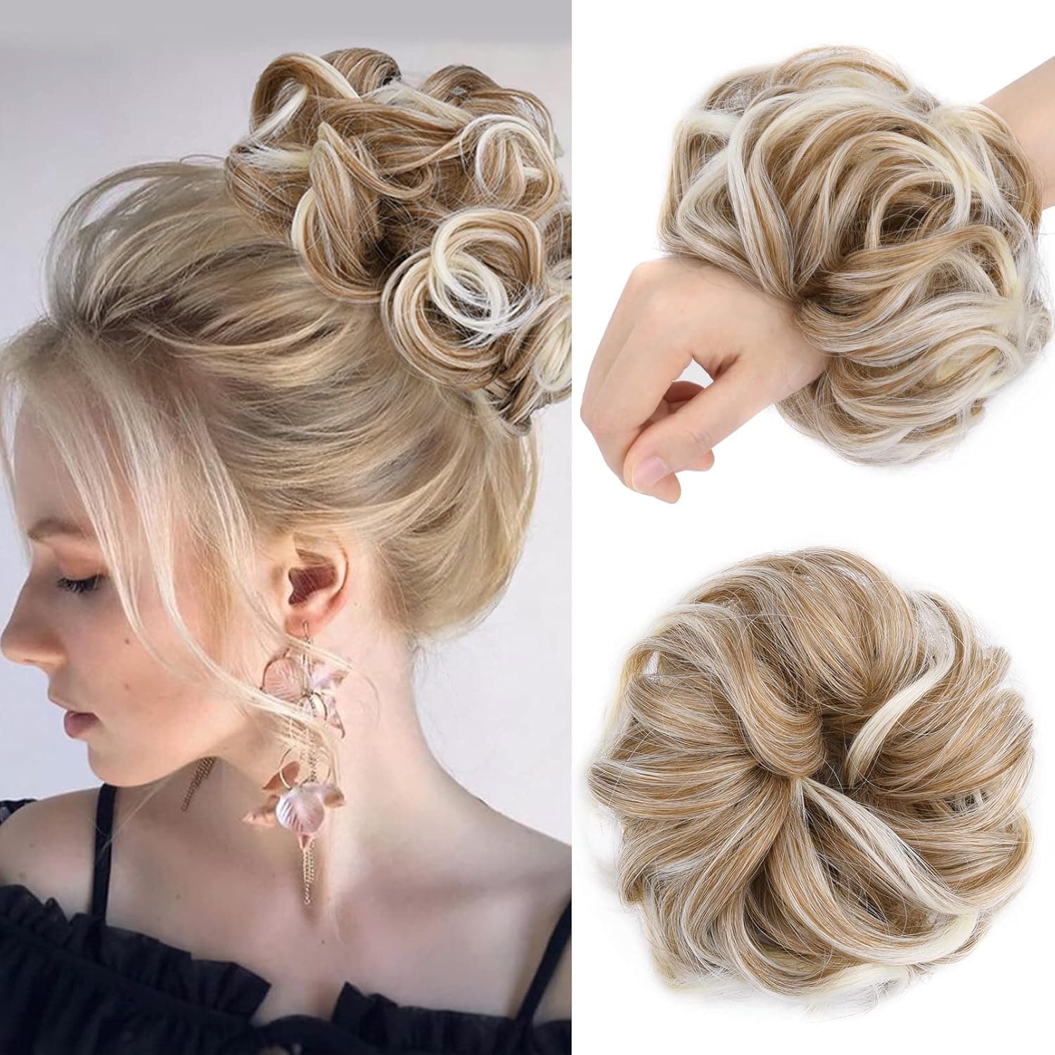 YOGFIT Messy Bun Hair Piece Thick Volume Tousled Updo Hair Bun Extensions Curly Wavy Synthetic Ponytail Hairpieces Hair Scrunchies for Women Girls (sandy blonde mix bleach blonde)