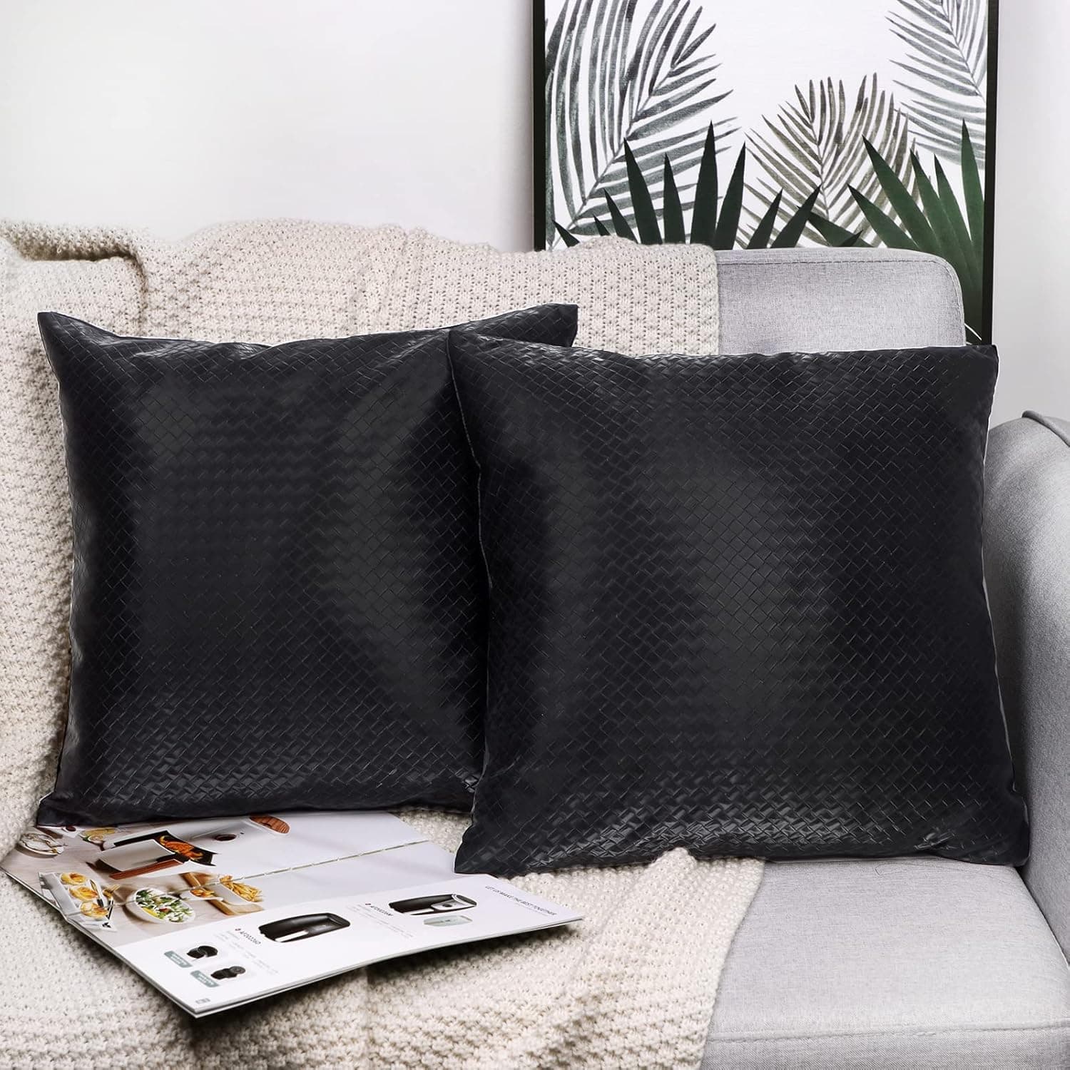 HIARUO Leather Throw Pillow Cover, Faux Woven Leather Cushion Covers Decorative Black Pillow Cases 18 x 18 inch Pack of 2 Modern Soft Square Pillow for Sofa/Bedroom/Home Decoration