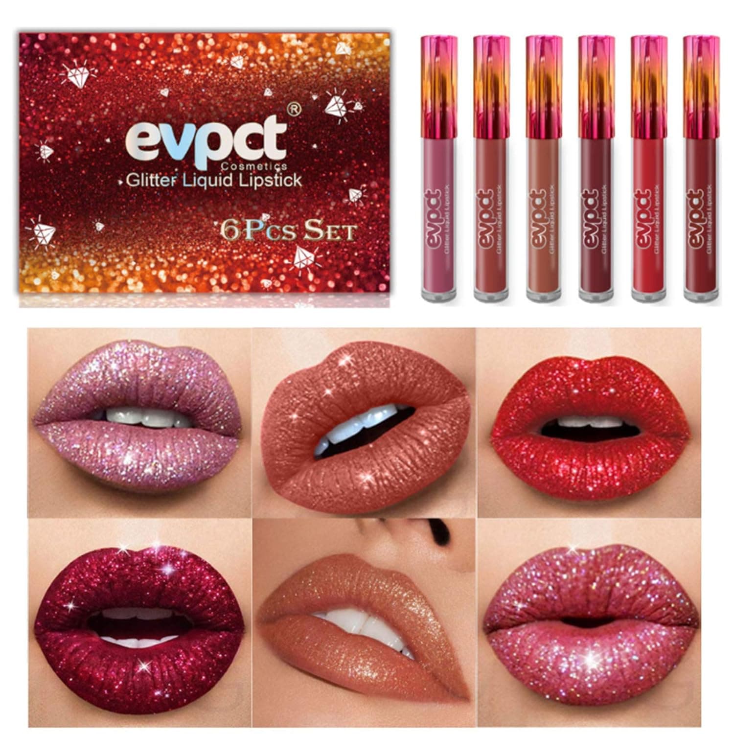 evpct Glitter Lipstick, Matte Glitter Liquid Set 6 Colors Diamond Shimmer Metallic Lipgloss Long Lasting Pigmented Waterproof Shiny Lip Gloss Non-stick Cup Makeup Gift for Girl and Women 01