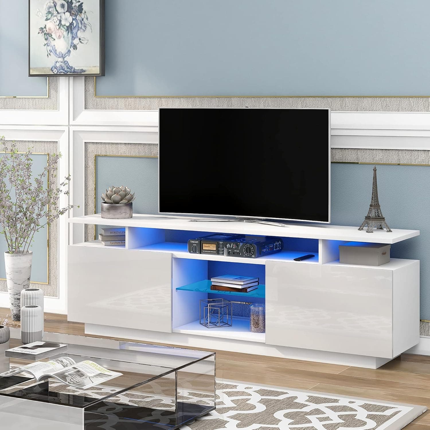 Merax Modern TV Stand for televisions up to 65inches with LED Lights, 16 Colors, for Livingroom, Bedroom, White