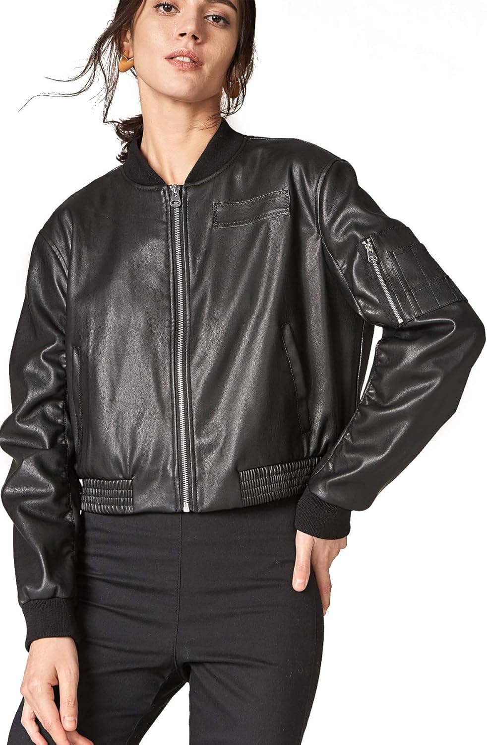 Escalier Women Faux Leather Bomber Jacket Zipper Moto Biker Coat Outwear