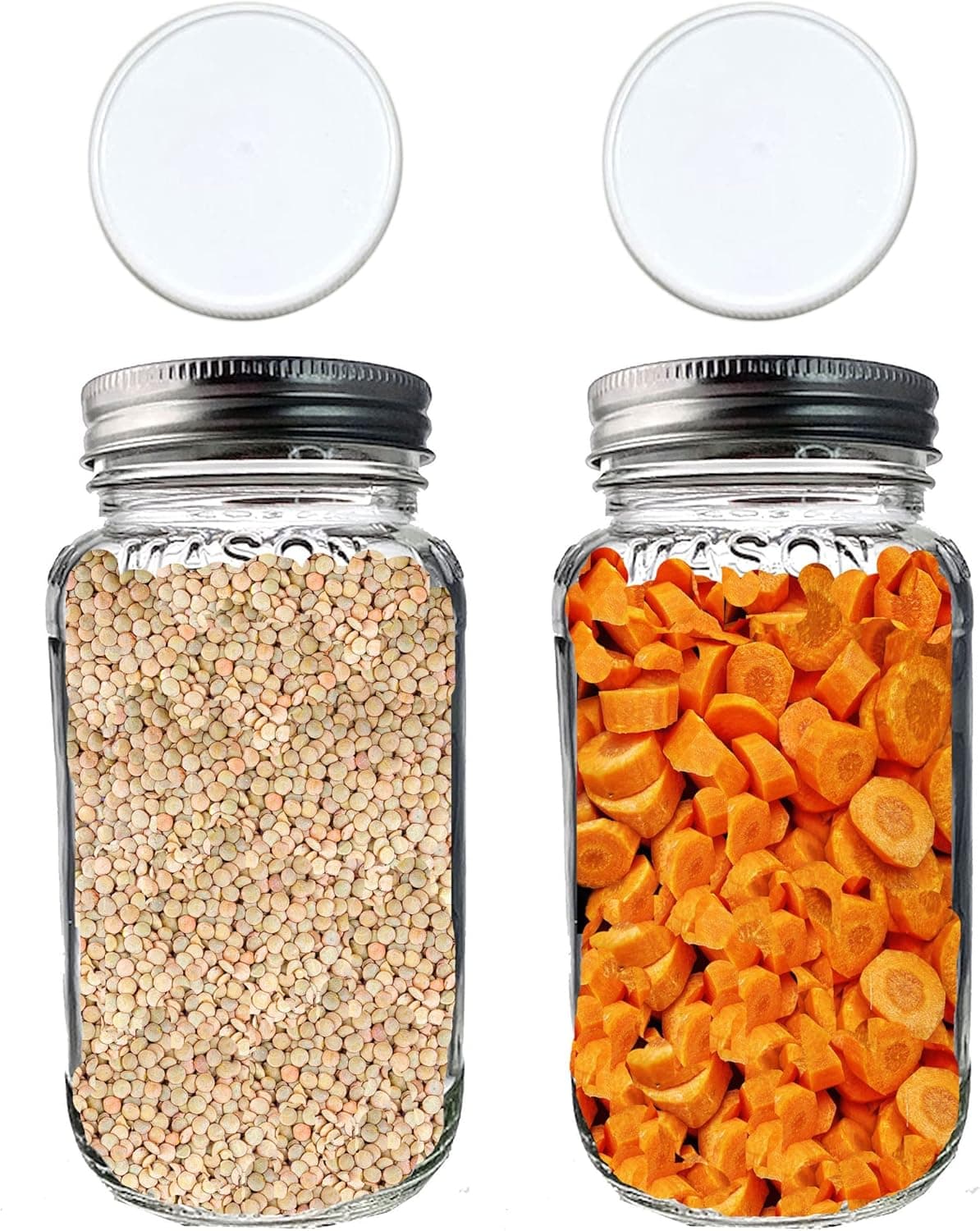 Jarming Collections Mason Jars 24 oz - Glass Jars with Plastic Lids- Glass Storage Jars with Regular Mouth Lids- Jars with Lids- Canning Jars - (Set of Two White Lids)