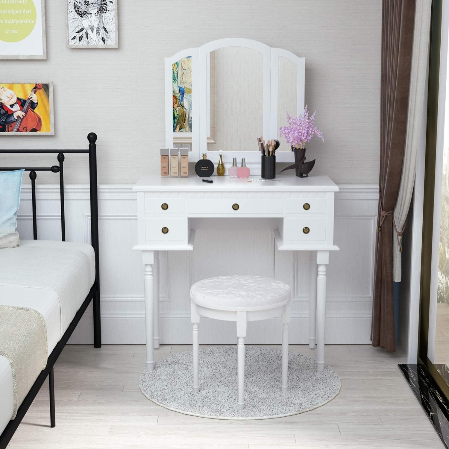Mecor Vanity Table Set w/Tri-Folding Mirror,Wood Makeup Table and Round Stool & 5 Drawers Storage,Girls Women Bedroom Furniture Dressing Table (White)